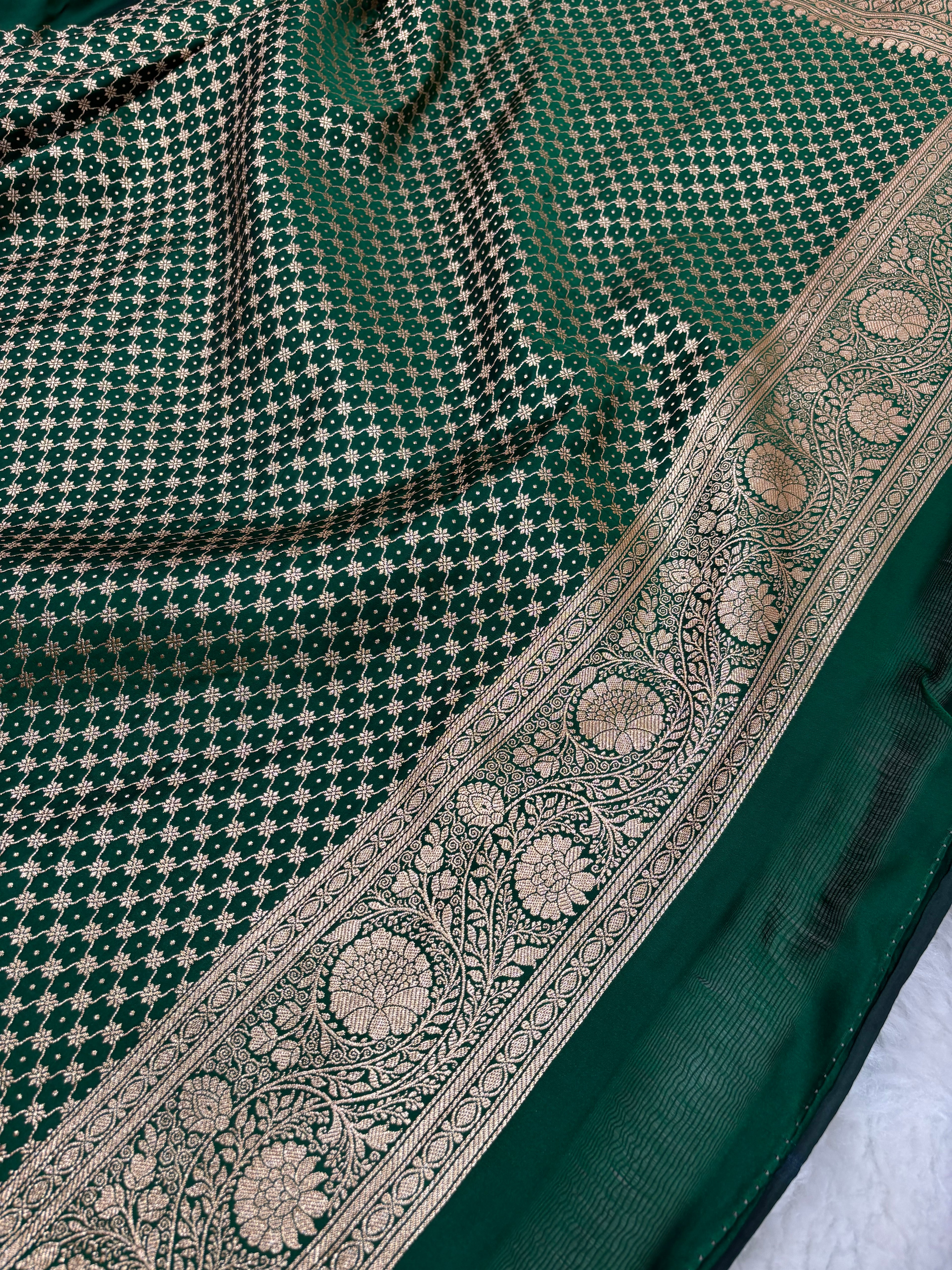 Bottle Green Satin Katan Silk Cross Saree