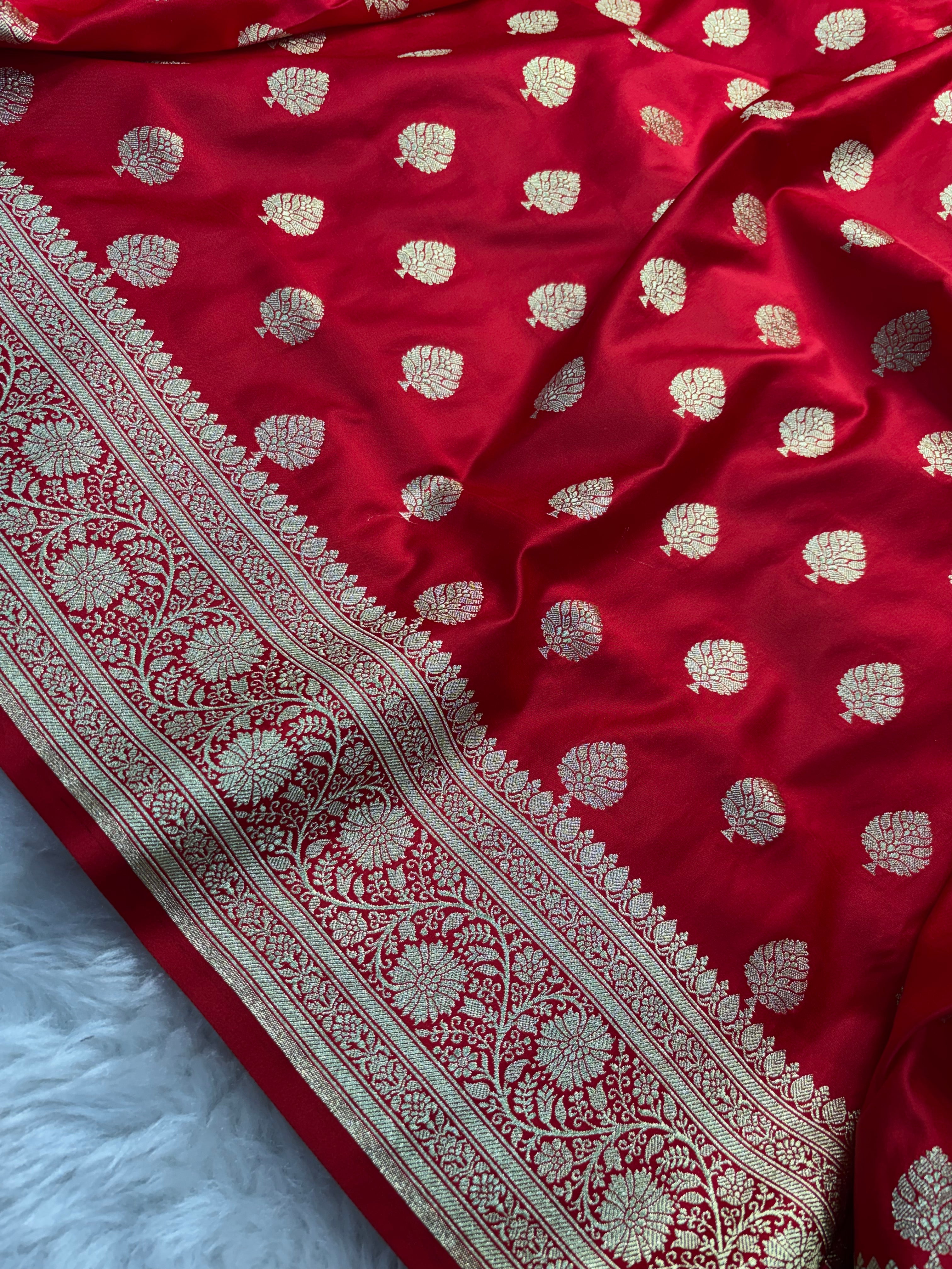 Bright Red Satin Katan Silk Buti Banarasi Saree SK08