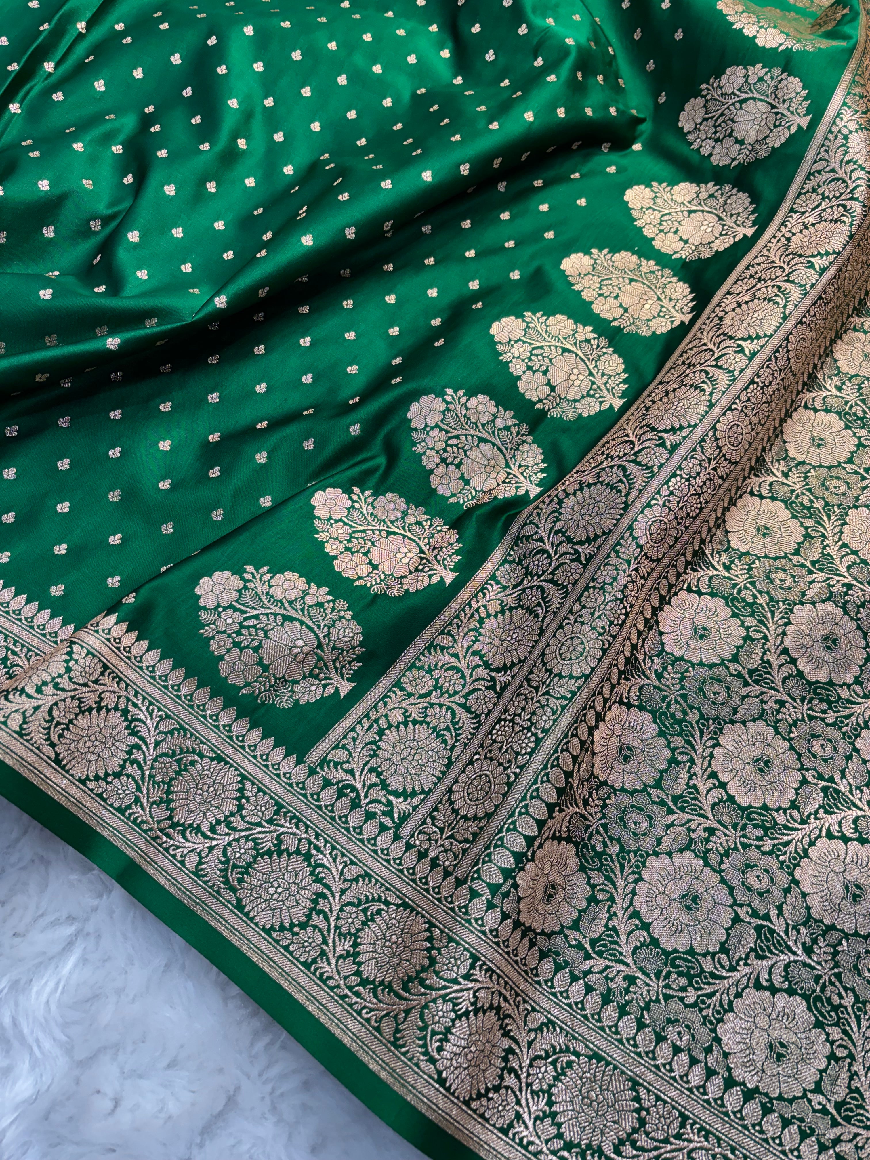 Bottle Green Satin Katan Silk Chunri Buti Saree SK15