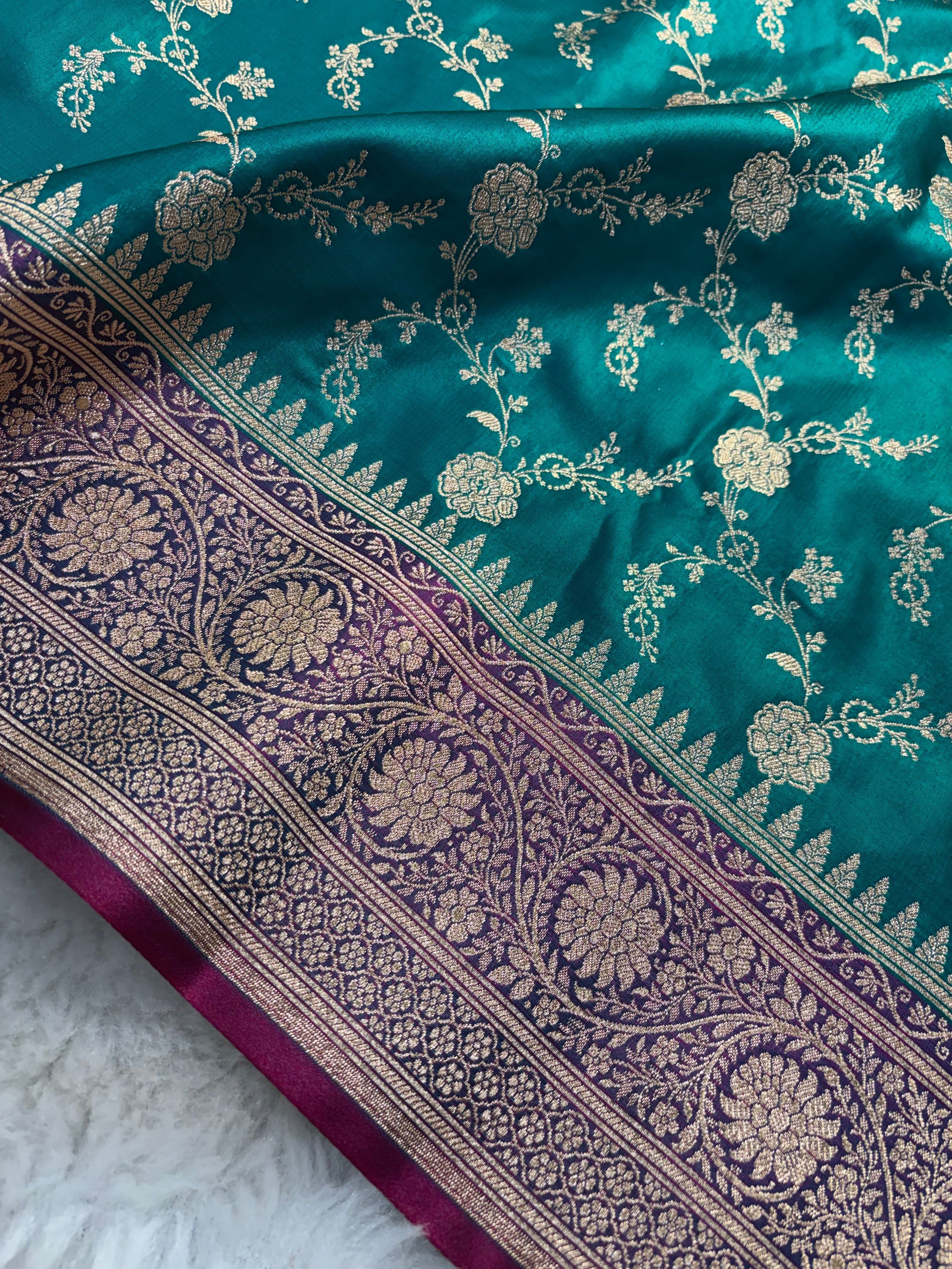 Sapphire Contrast Satin Silk Jaal Saree SS03