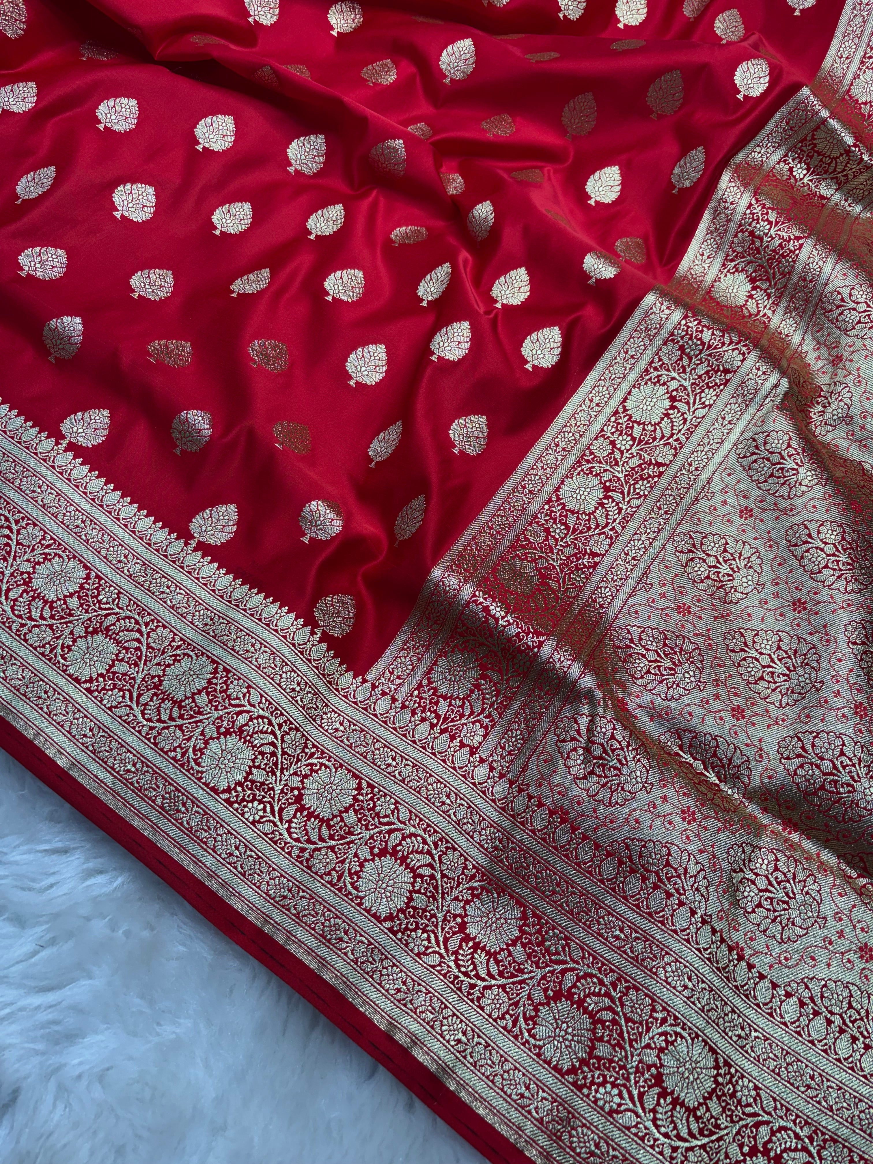 Bright Red Satin Katan Silk Buti Banarasi Saree SK08