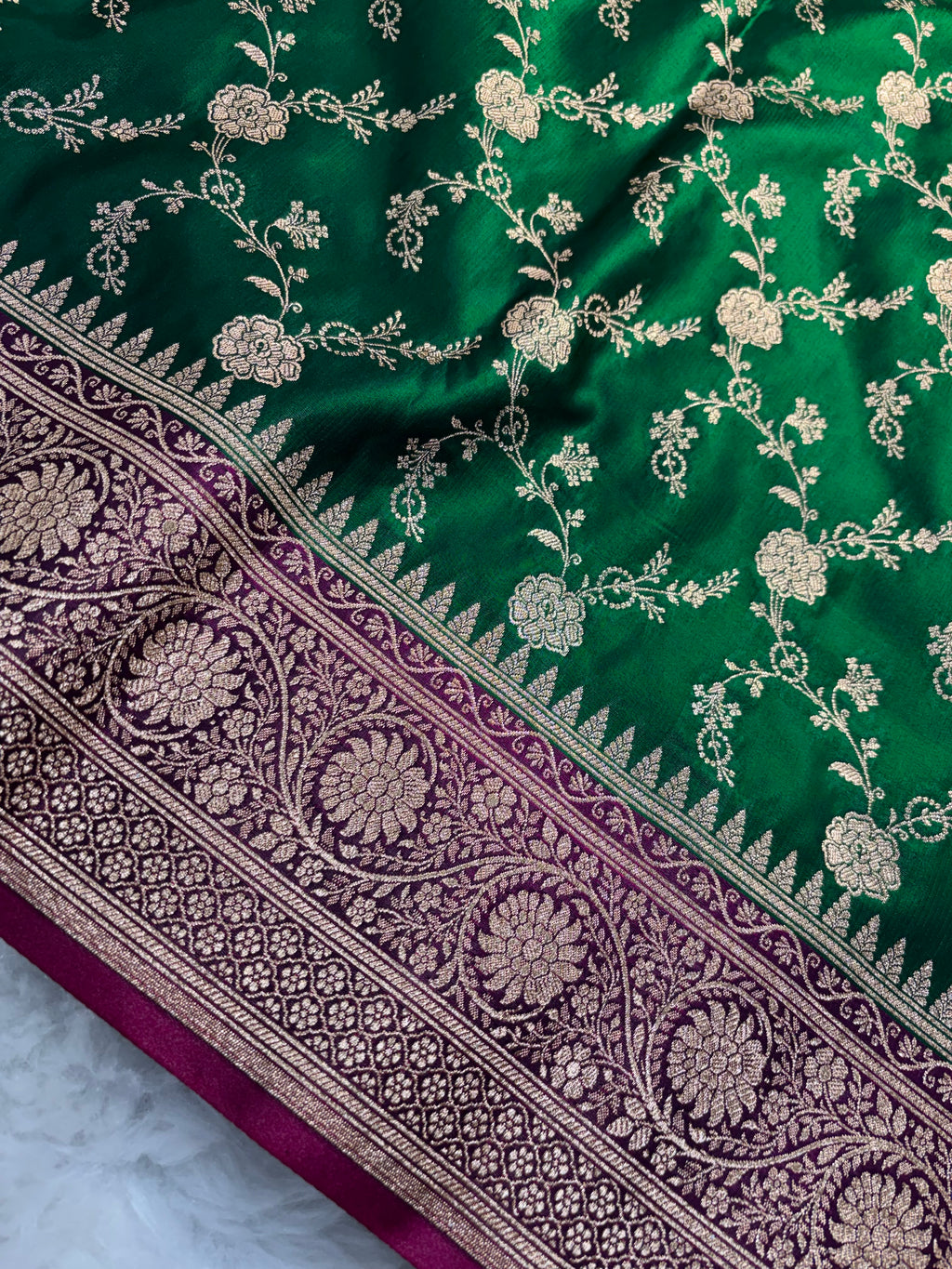 Bottle Green Contrast Satin Silk Jaal Saree SS03