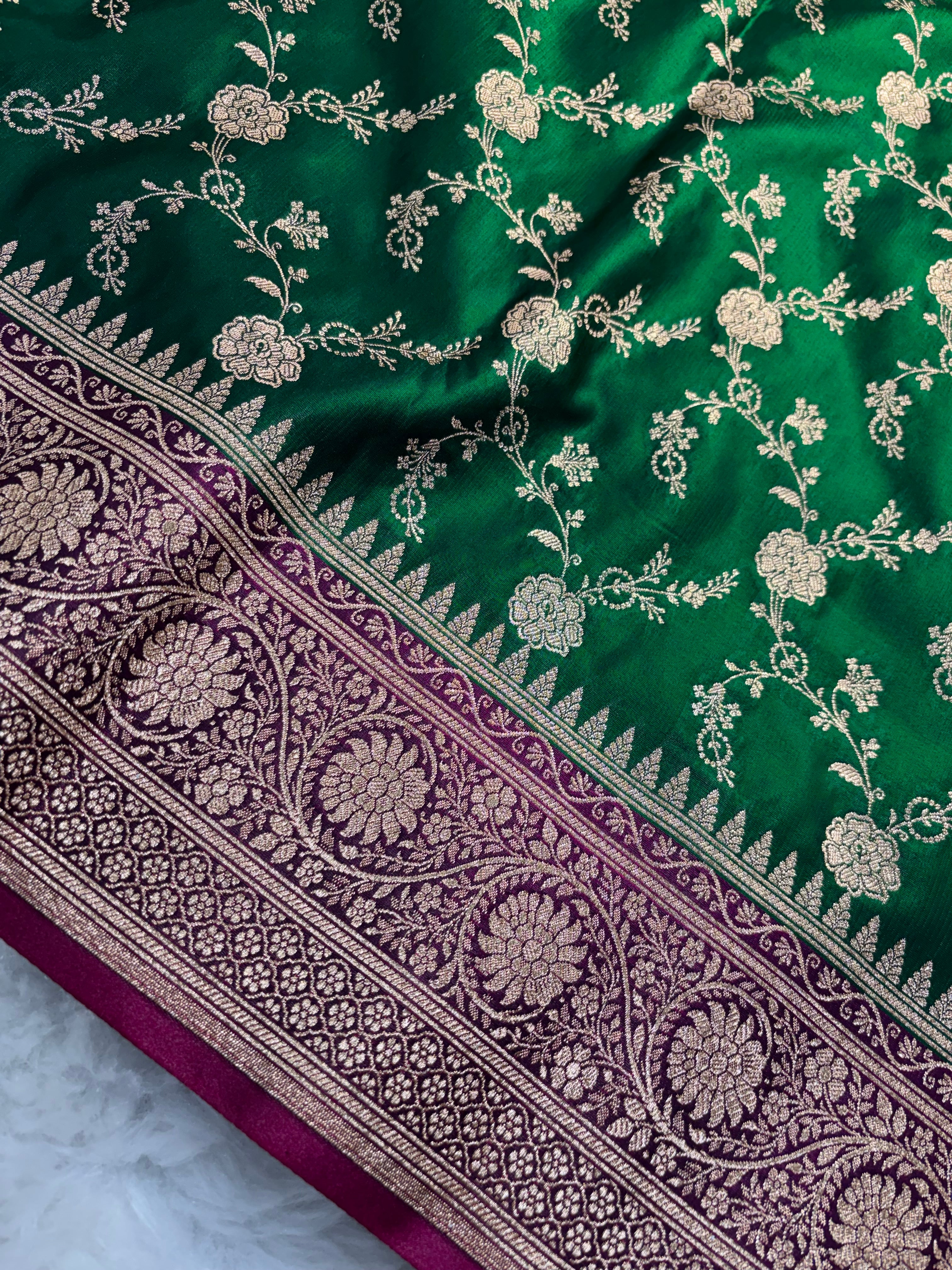 Bottle Green Contrast Satin Silk Jaal Saree SS03