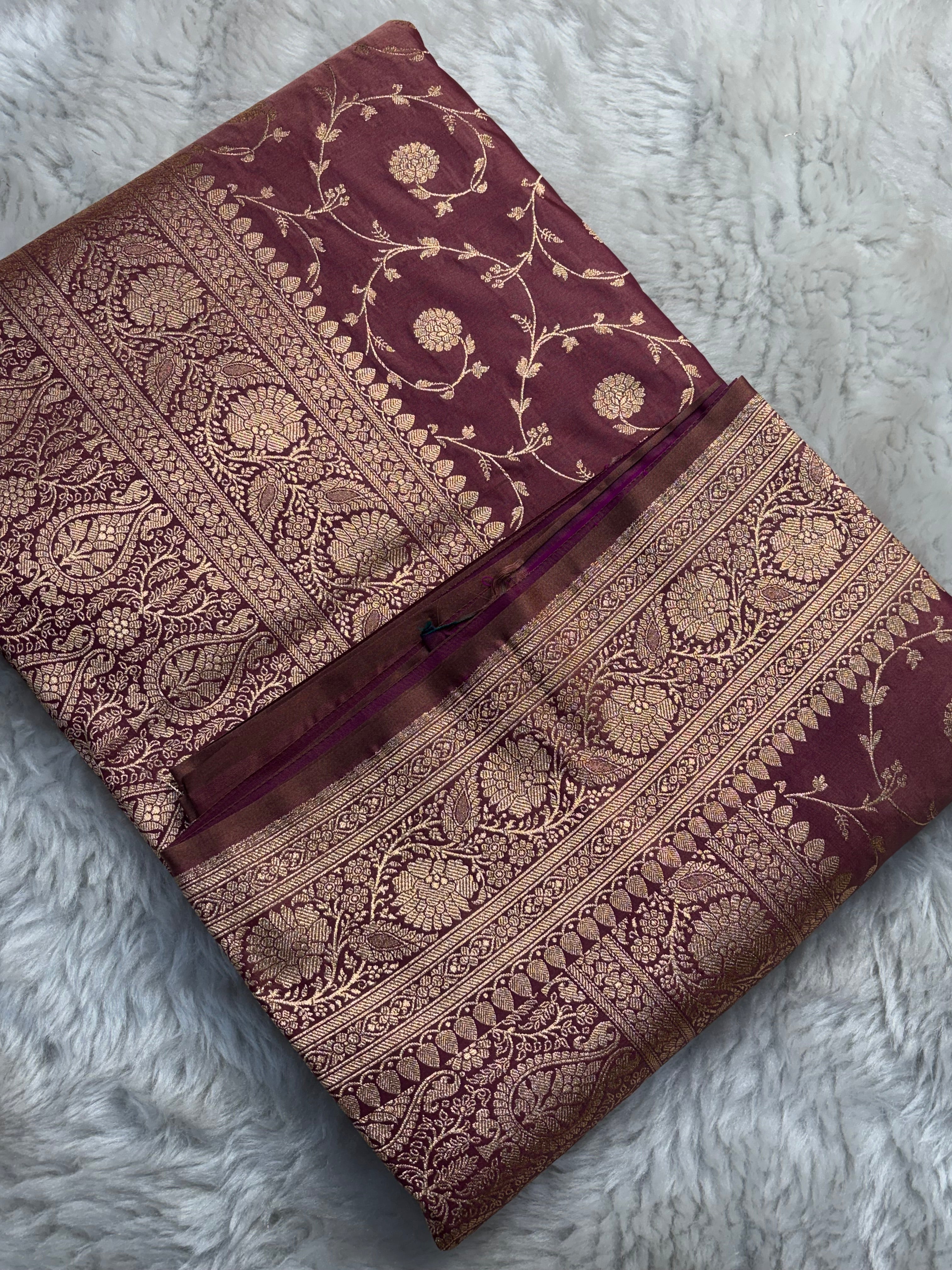 Sandy Brown Satin Katan Silk Jaal Saree with Plain Blouse SK13