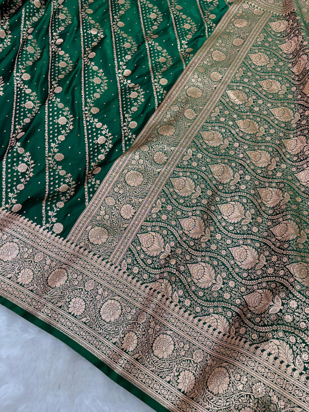Bottle Green Satin Katan Silk Cross Saree