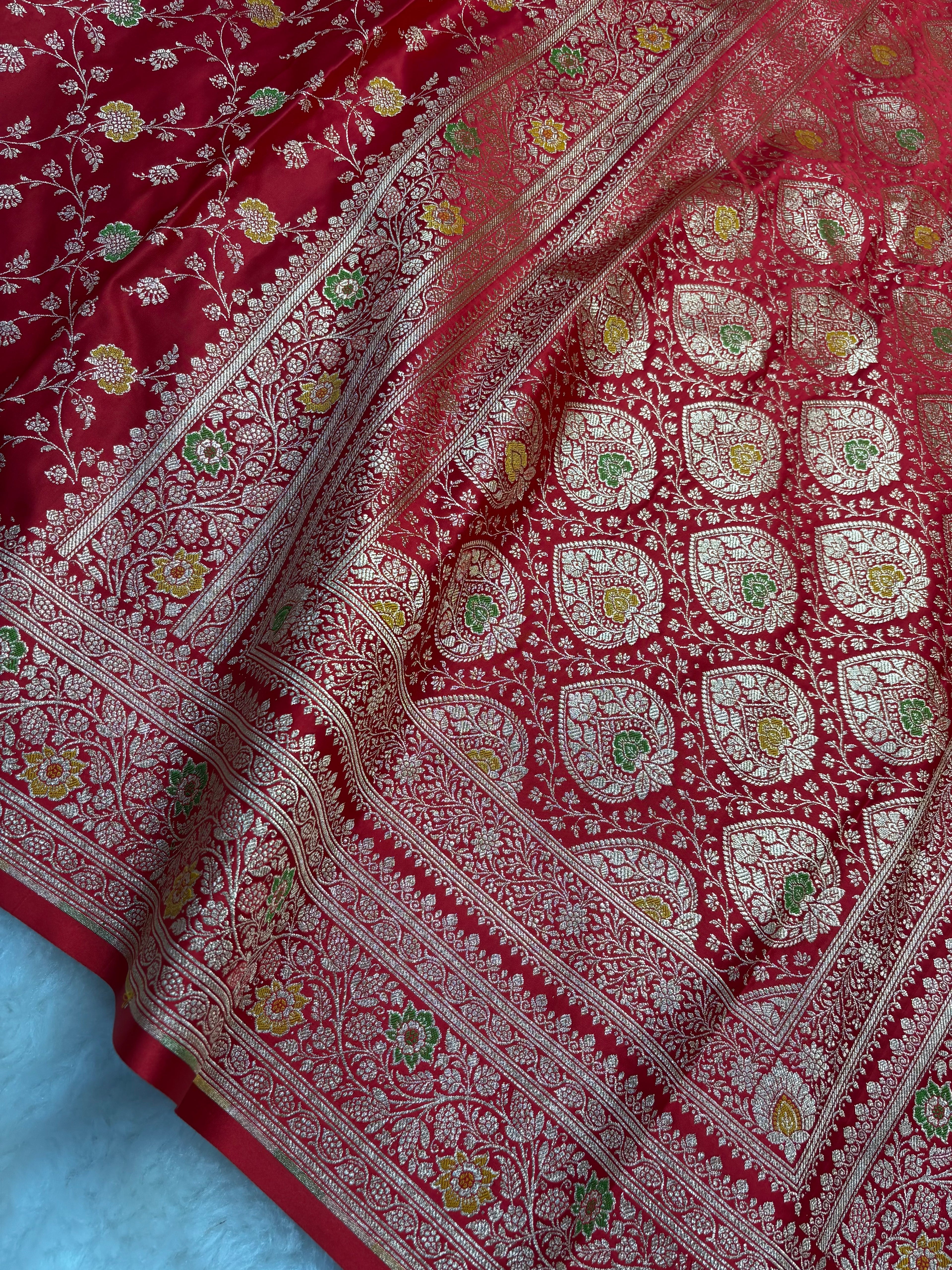 Red Satin Katan Silk Meena Jaal Saree SK05