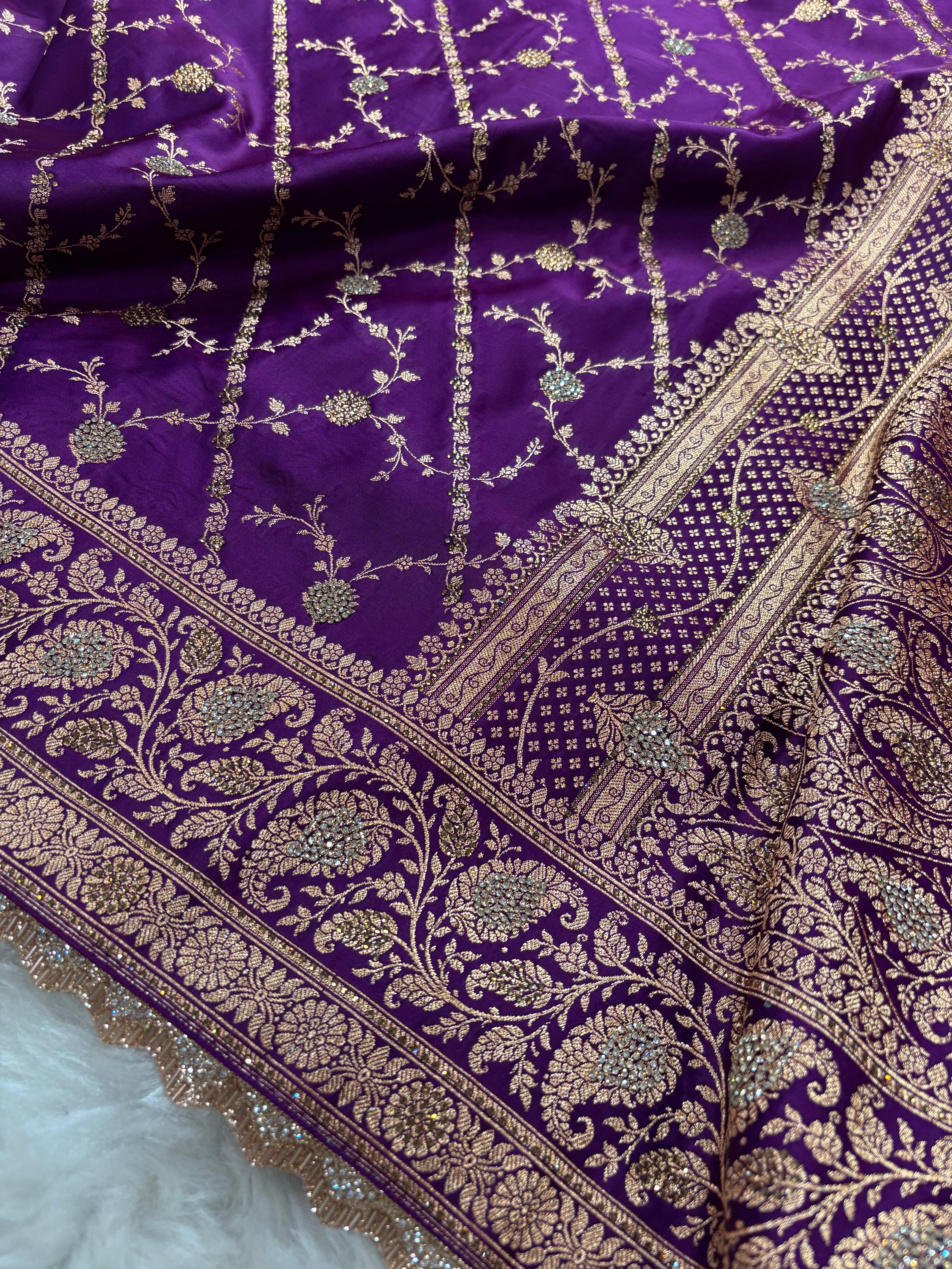 Purple Bridal Satin Katan Silk Saree with Swarovski Work & Lace BK01