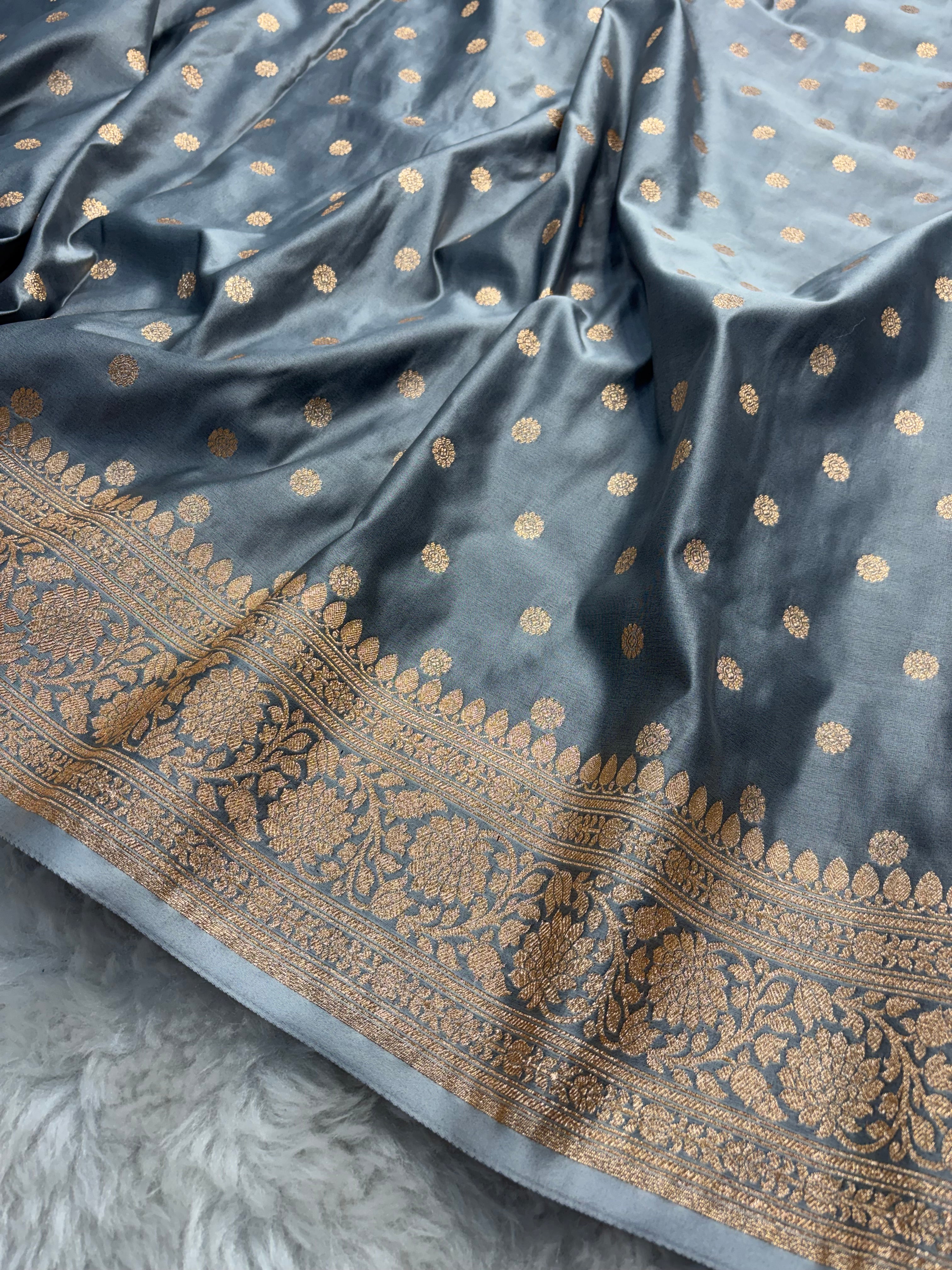 Steel Grey Satin Katan Silk Chunri Buti Saree SK18