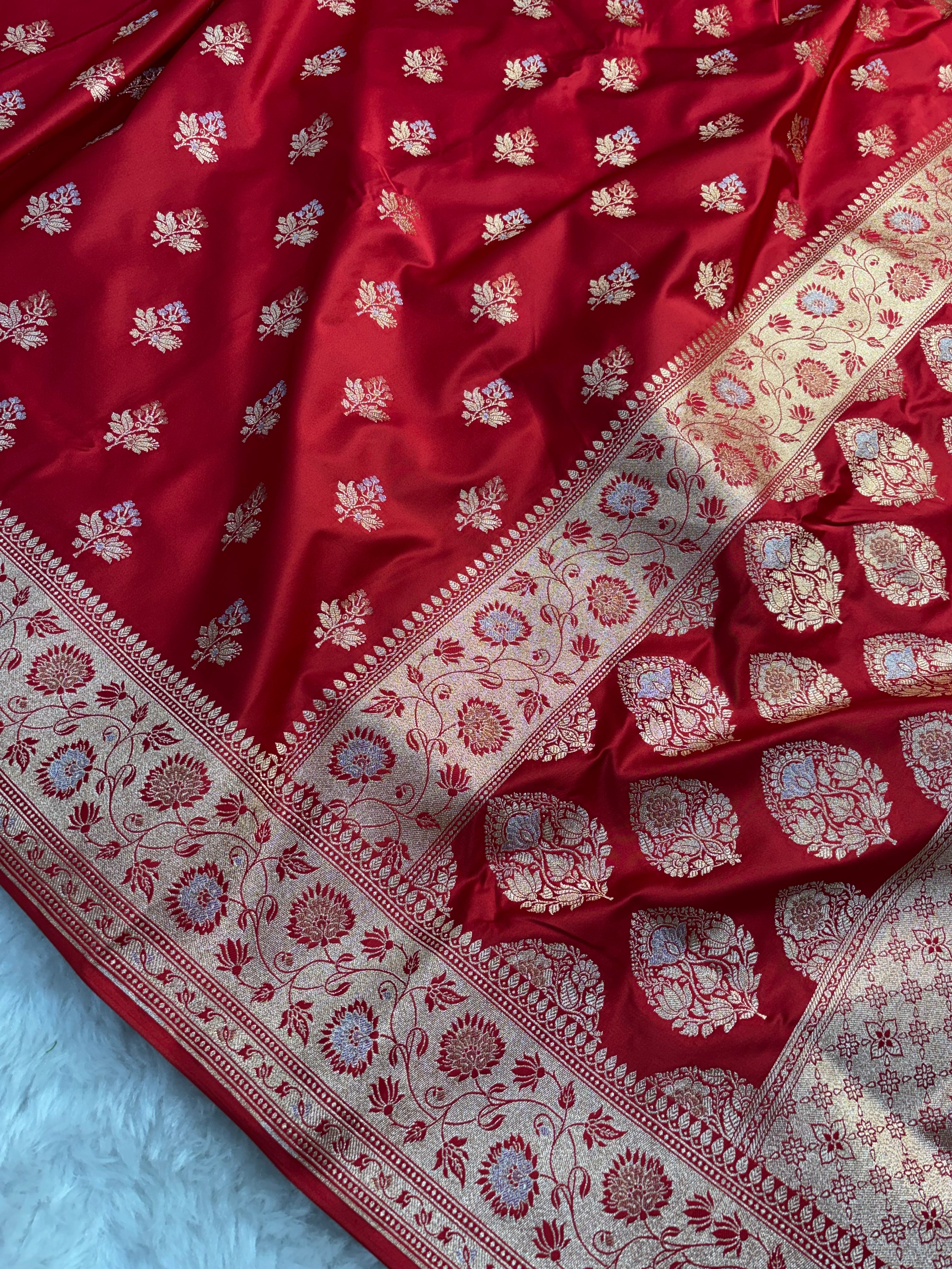 Bright Red Satin Katan Silk Meena Buti Saree SK19