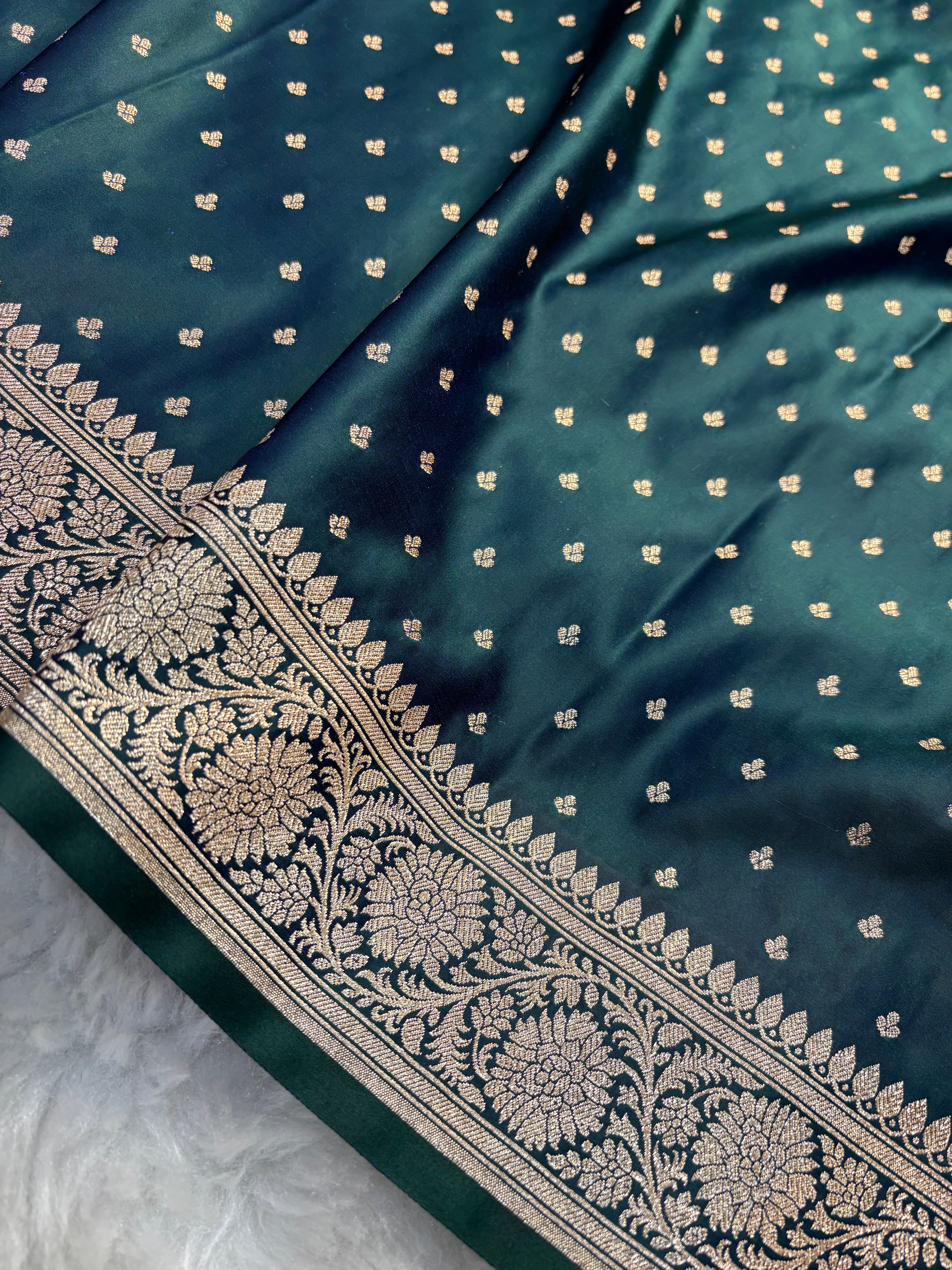 Dual Tone Bottle Green Satin Katan Silk Chunri Buti Saree SK15