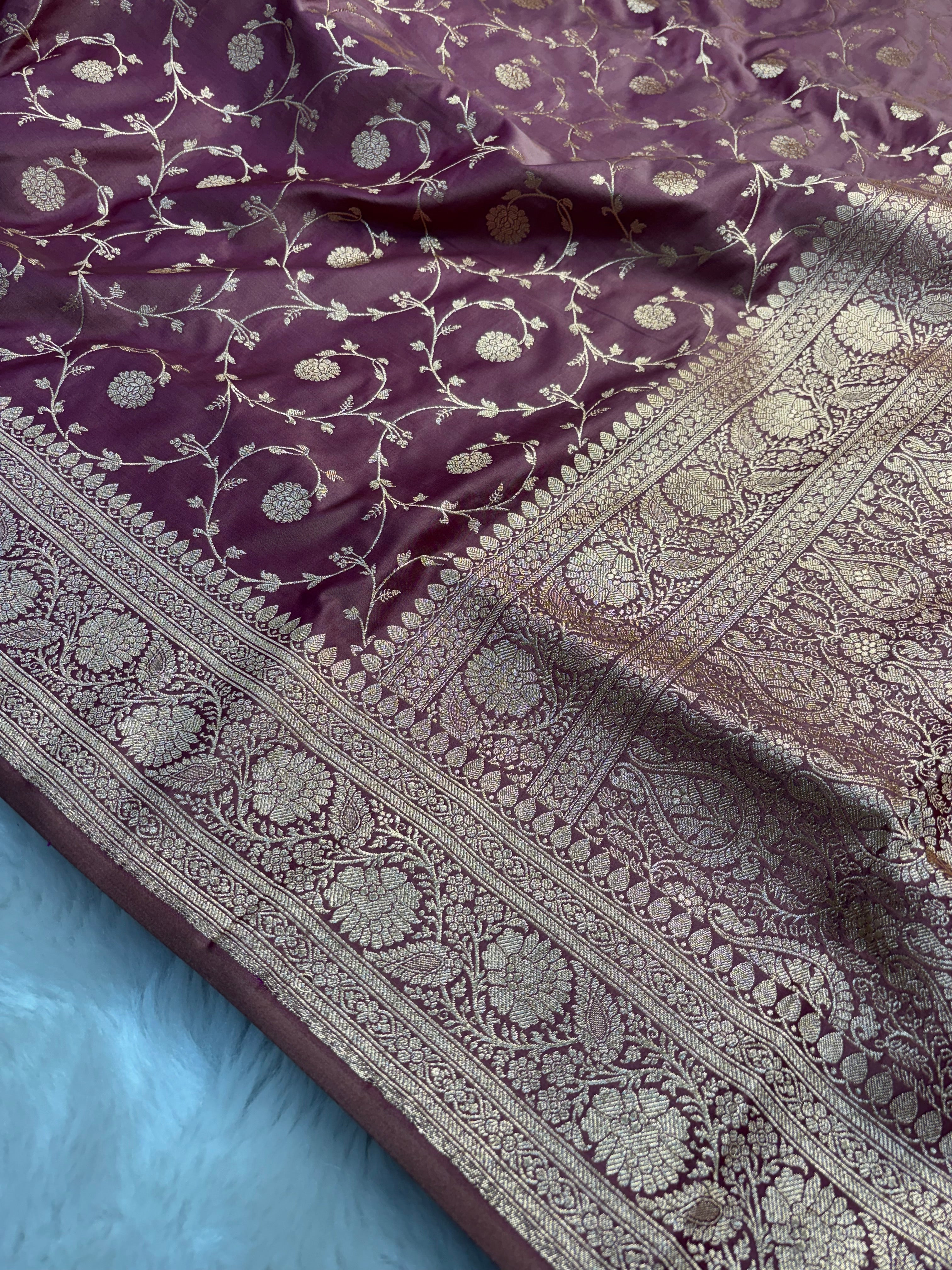 Sandy Brown Satin Katan Silk Jaal Saree with Plain Blouse SK13