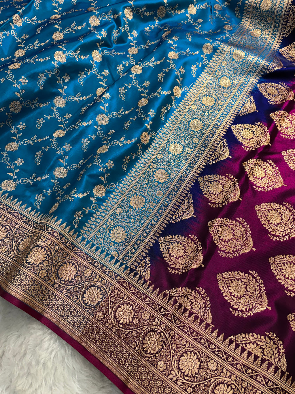 Peacock Blue Contrast Satin Silk Jaal Saree SS03