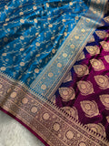 Peacock Blue Contrast Satin Silk Jaal Saree SS03