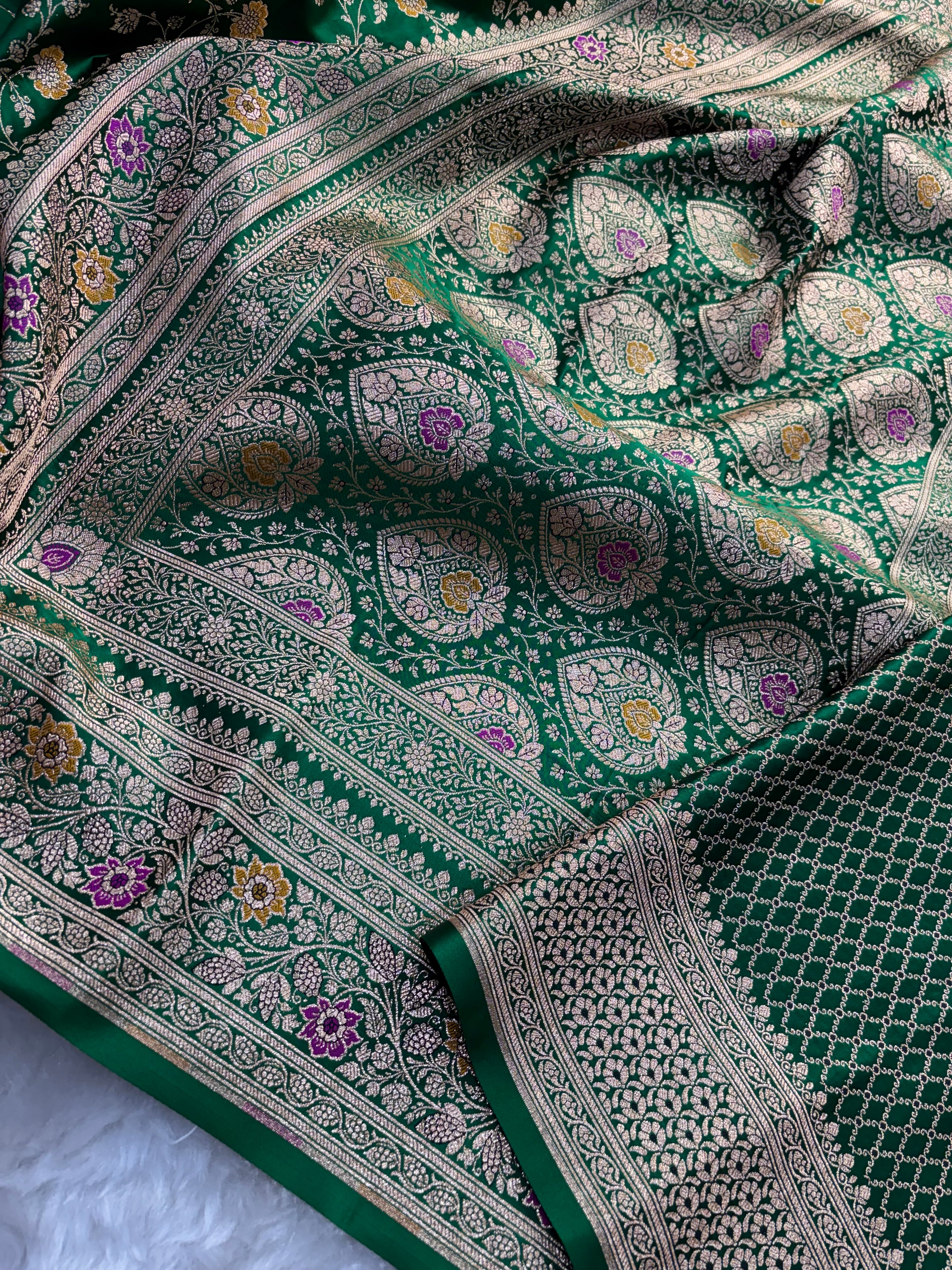 Bottle Green Satin Katan Silk Meena Jaal  Saree SK05