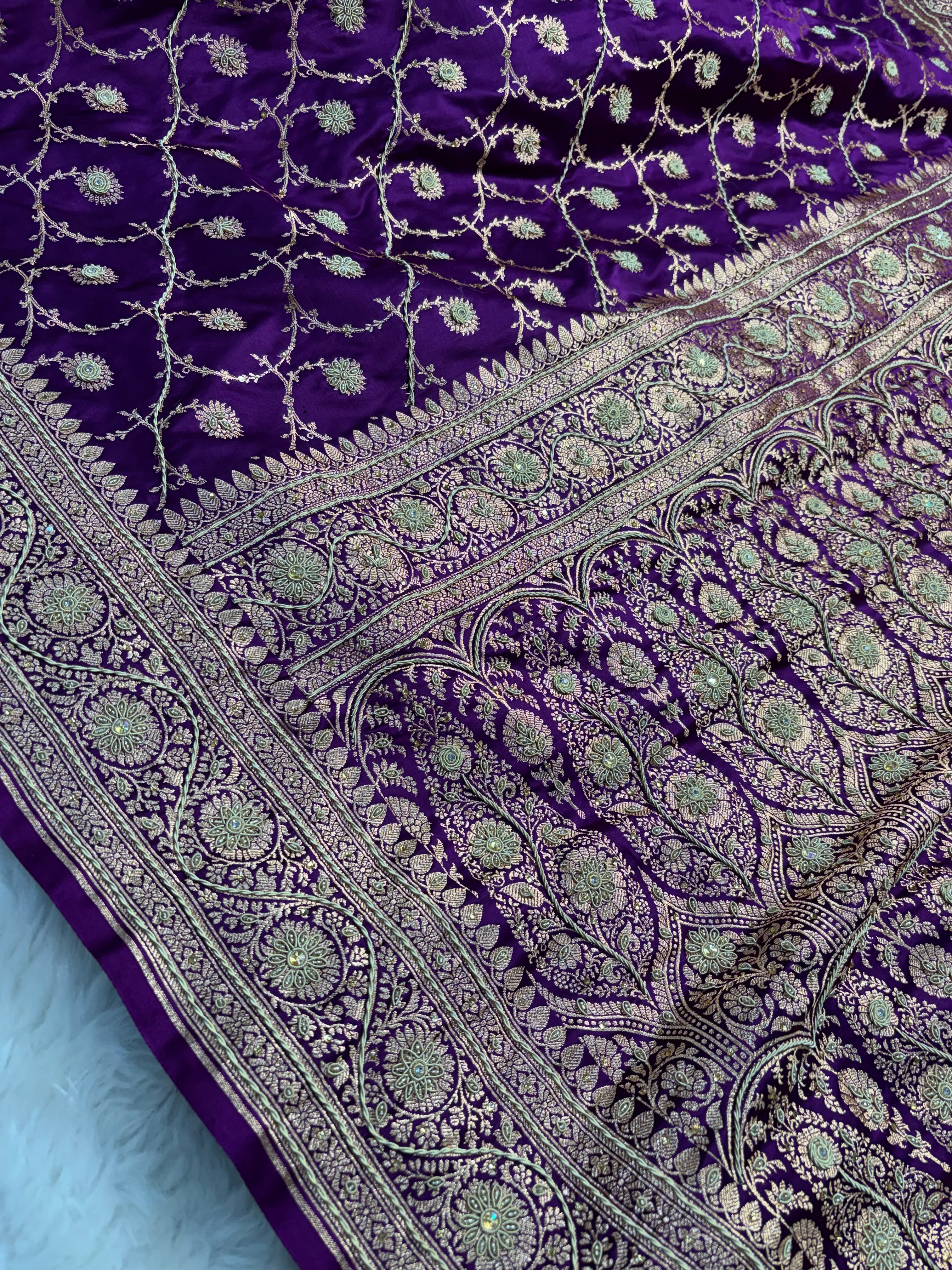Purple Bridal Satin Katan Silk Saree with Zardozi and Blouse Work BK02