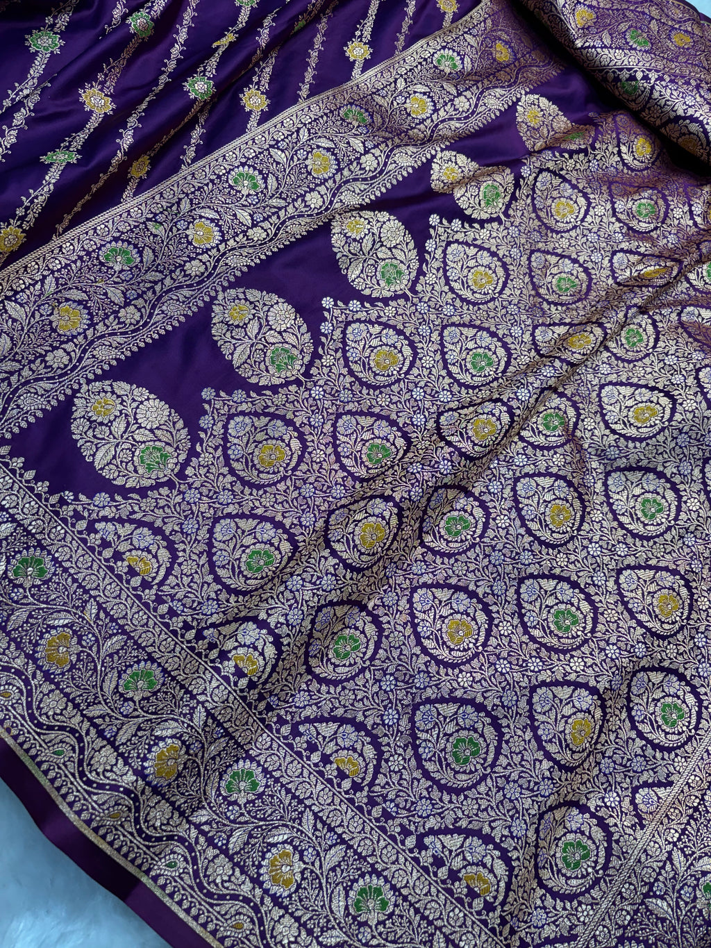 Purple Satin Katan Silk Meena Cross Saree SK04