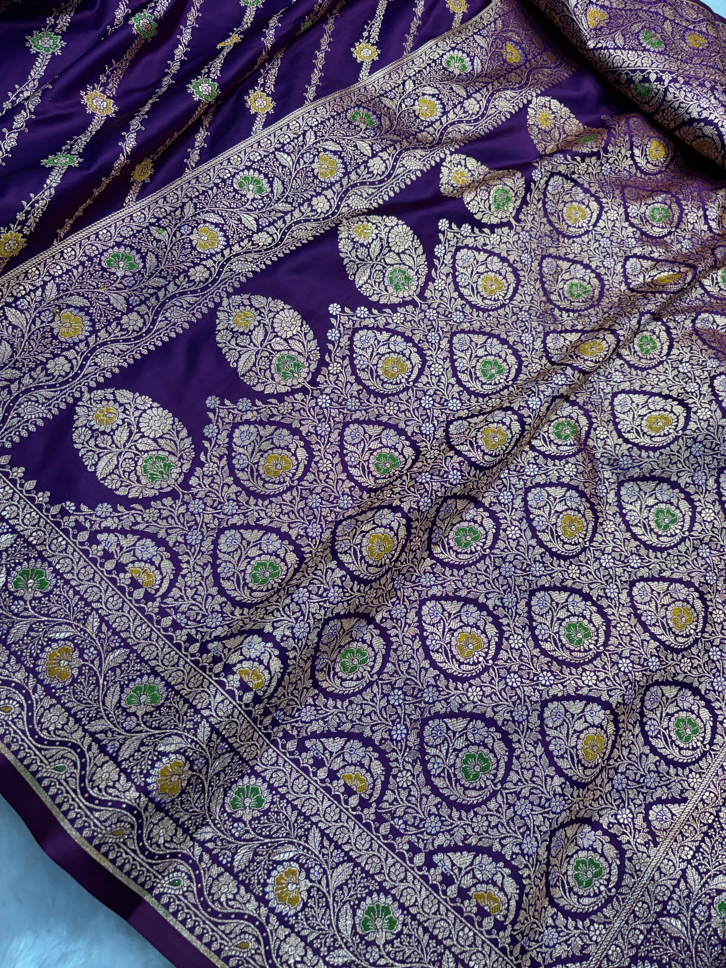 Purple Satin Katan Silk Meena Cross Saree SK04