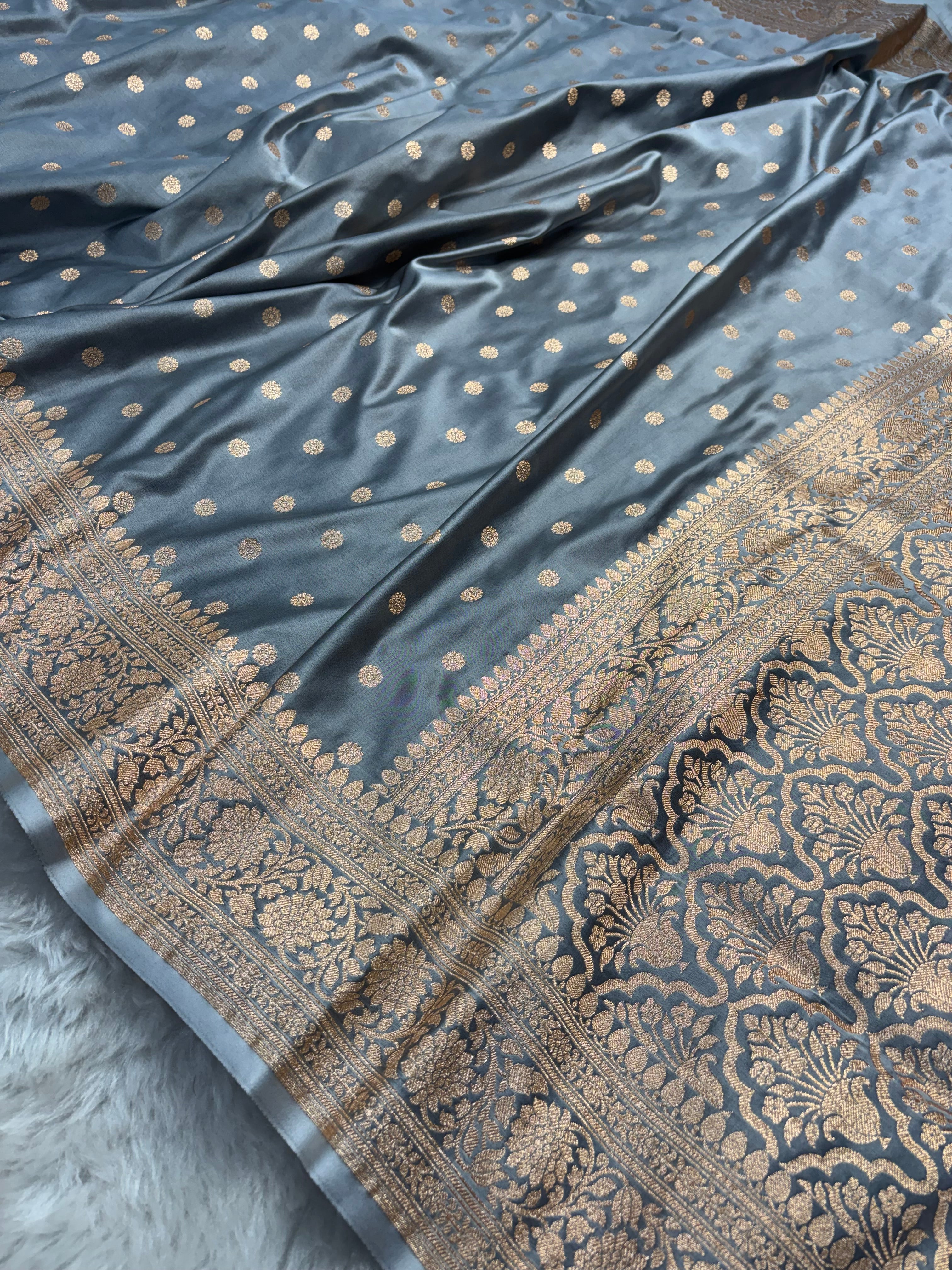 Steel Grey Satin Katan Silk Chunri Buti Saree SK18