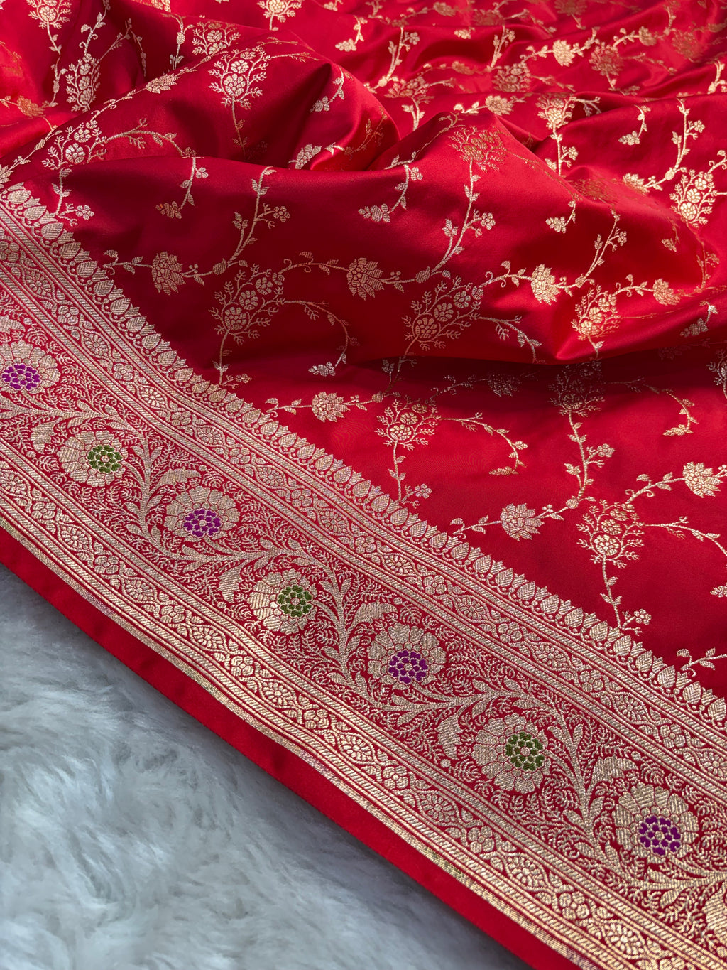 Bright Red Satin Katan Silk Meena Border Saree SK21