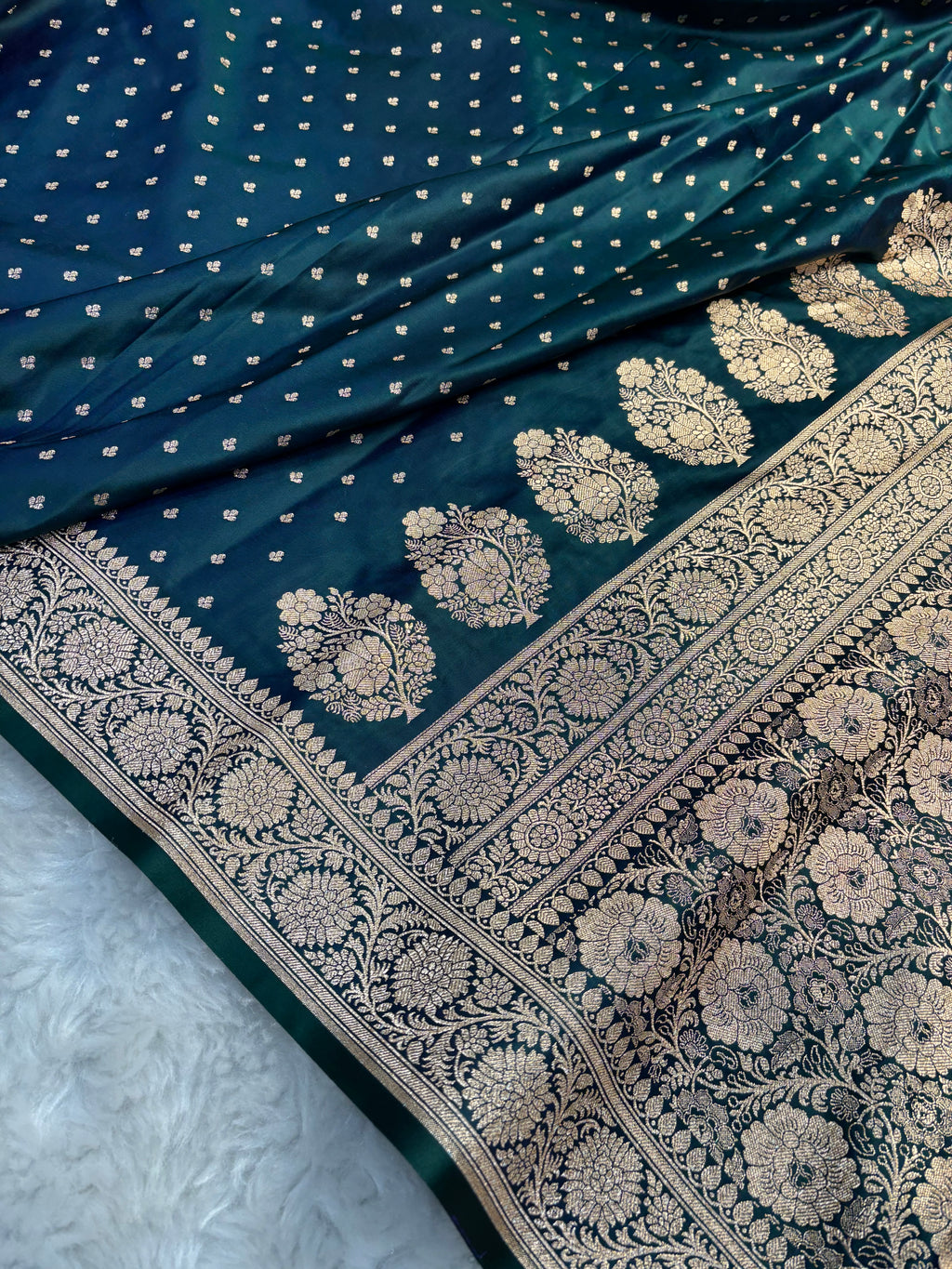 Dual Tone Bottle Green Satin Katan Silk Chunri Buti Saree SK15