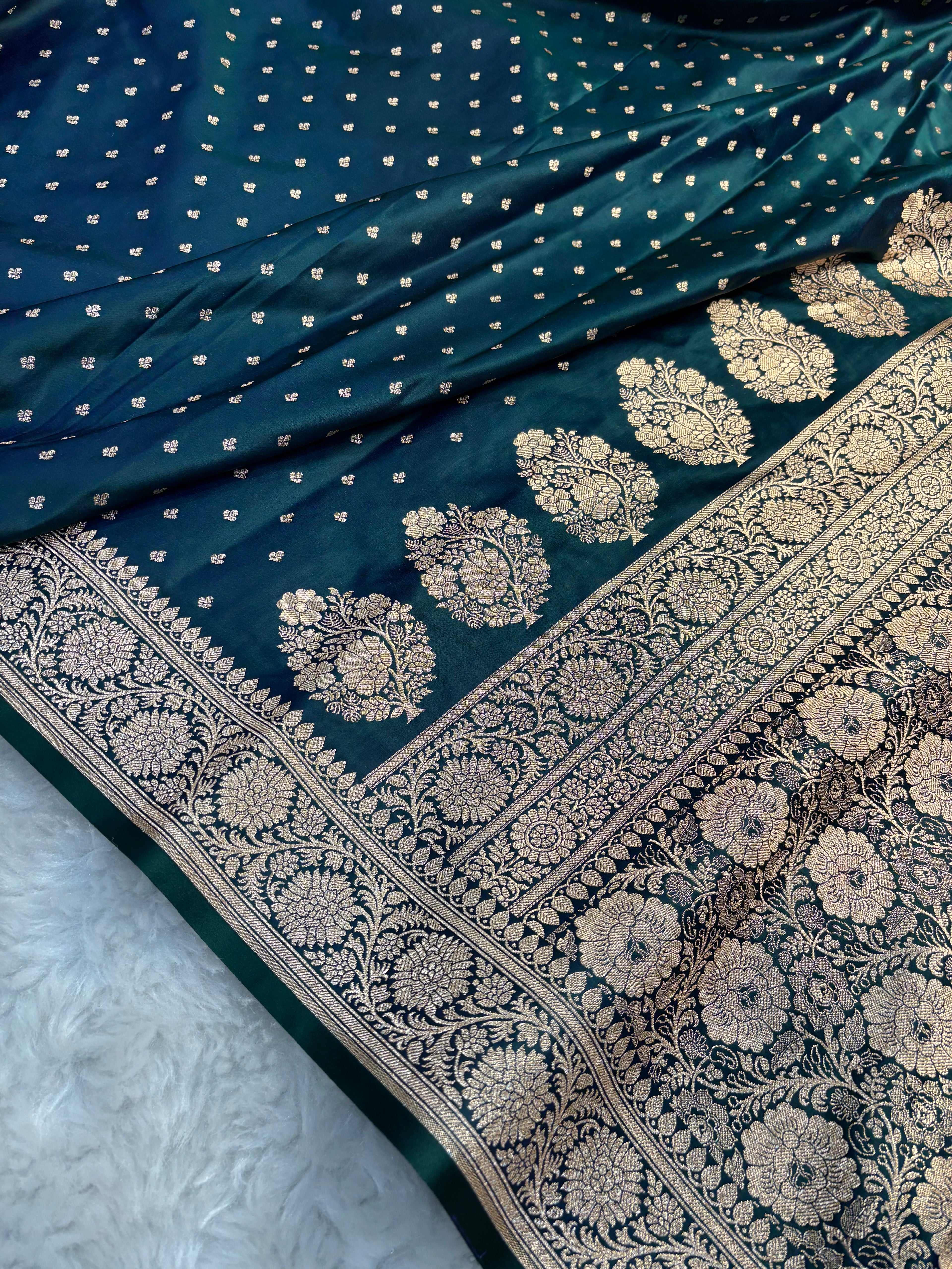 Dual Tone Bottle Green Satin Katan Silk Chunri Buti Saree SK15