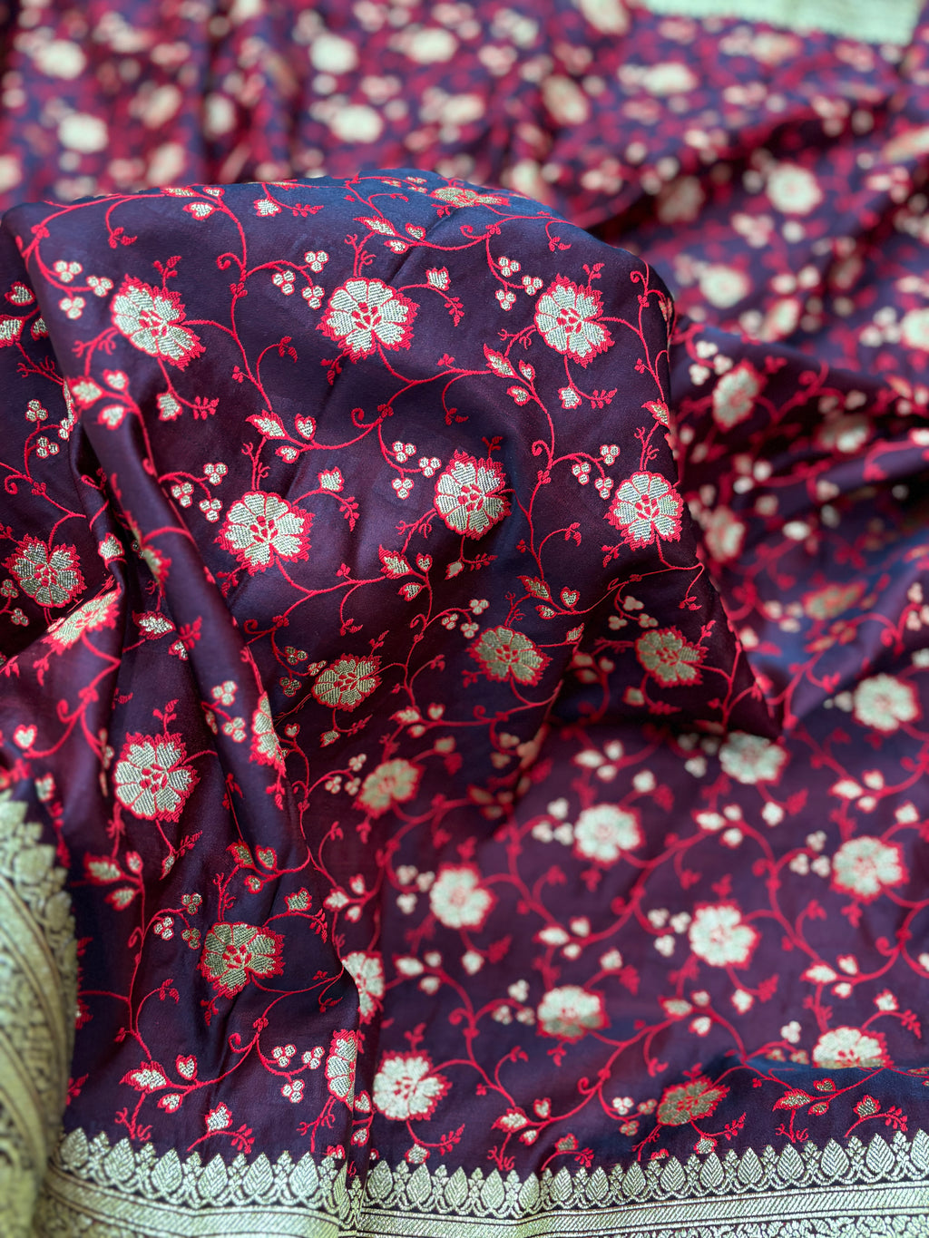 Chocolate Satin Katan Silk Tanchoi Meena Jaal Saree