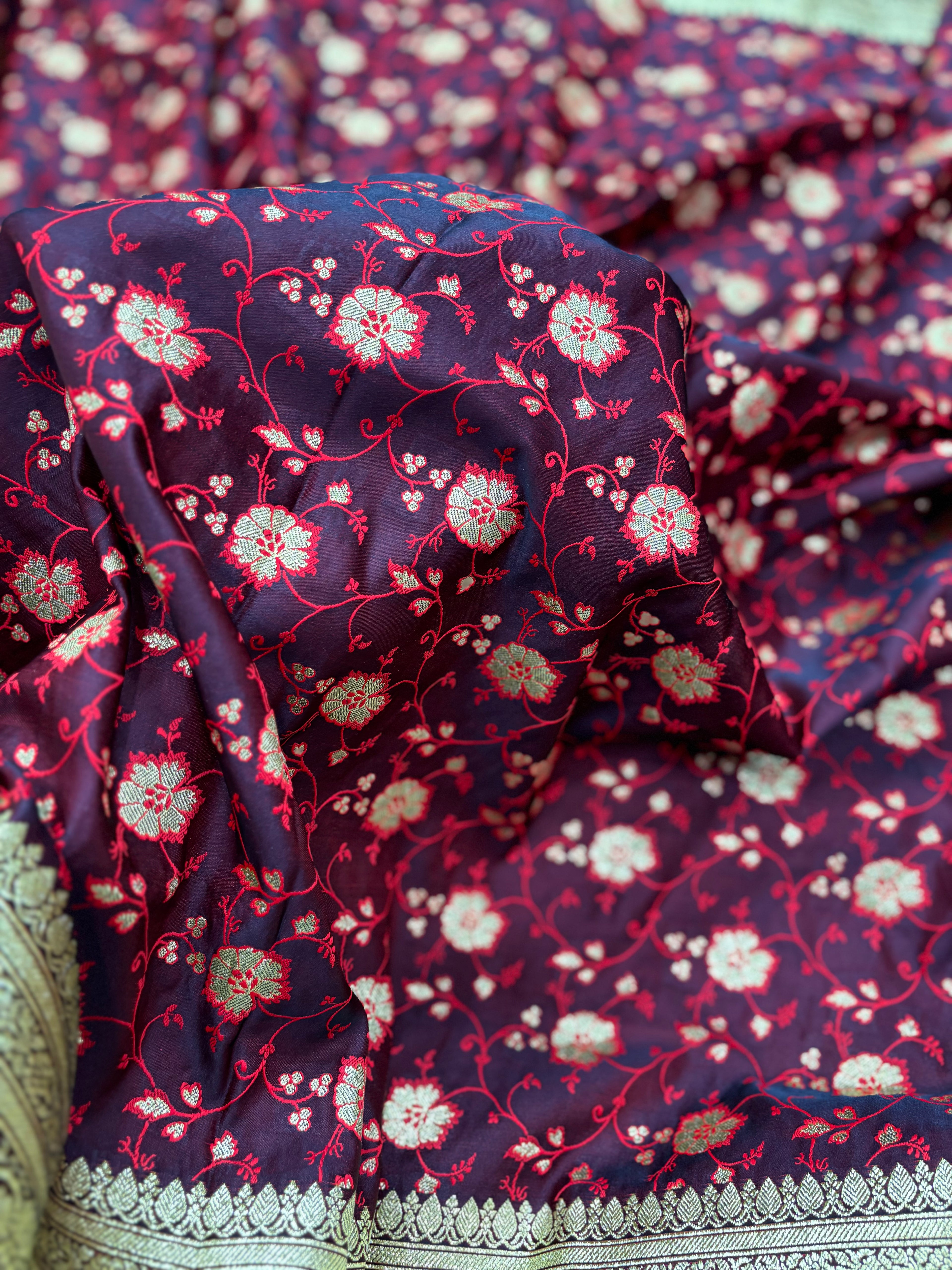 Chocolate Satin Katan Silk Tanchoi Meena Jaal Saree