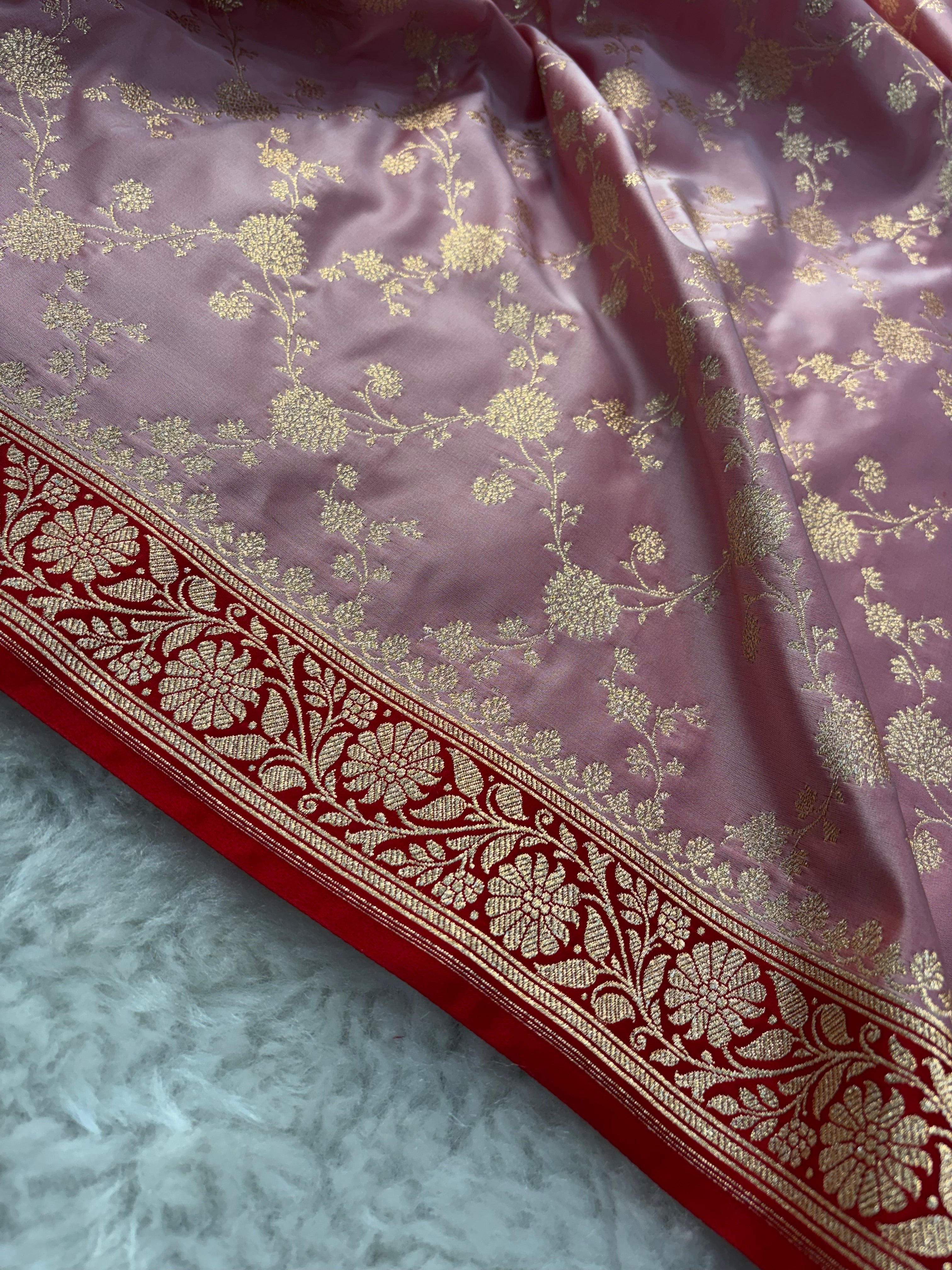 Strawberry Satin Katan Silk Jaal Saree  with Red Meena Jaal Blouse SK10