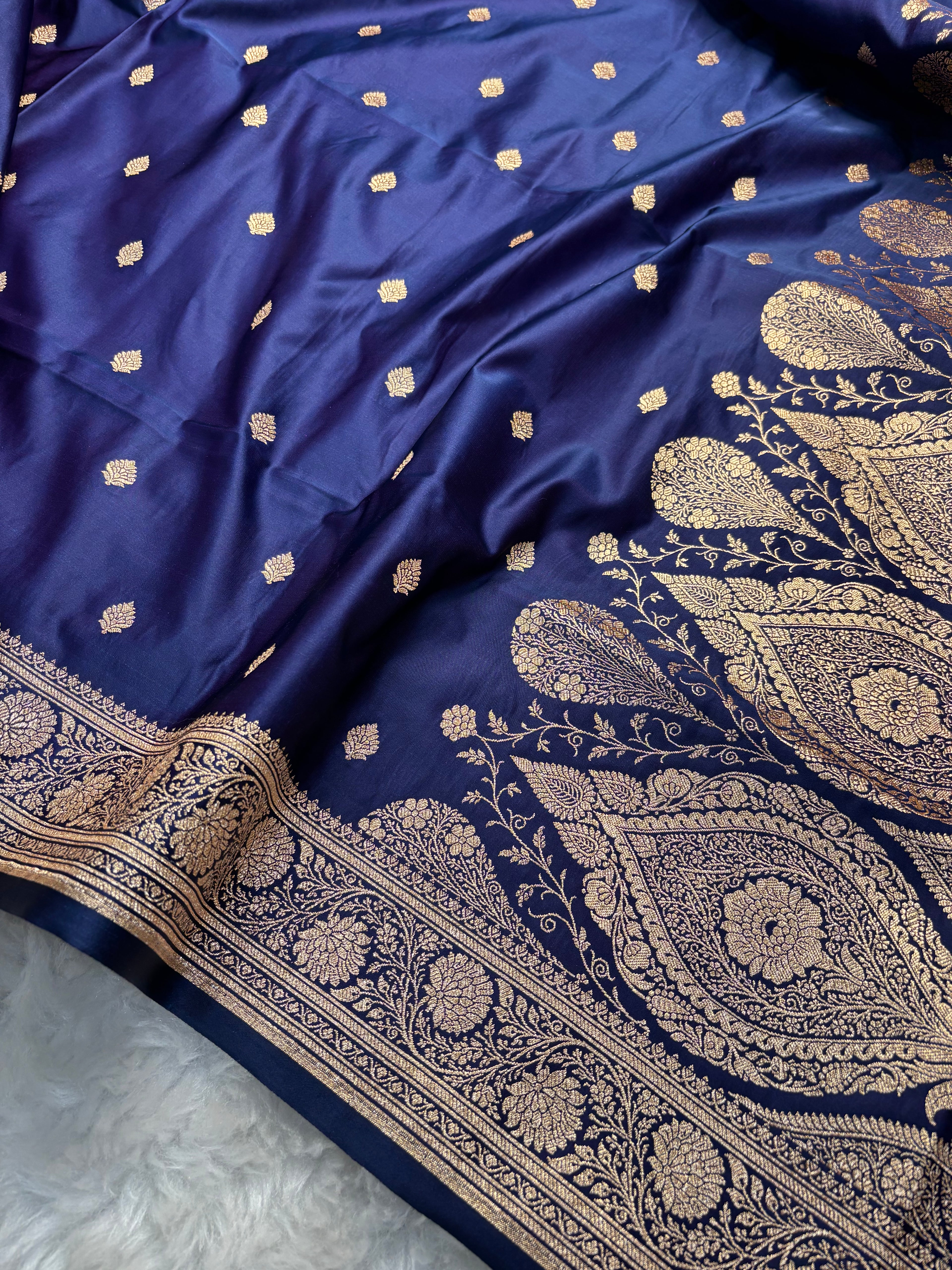 Navy Blue Satin Katan Silk Buti Saree SK14