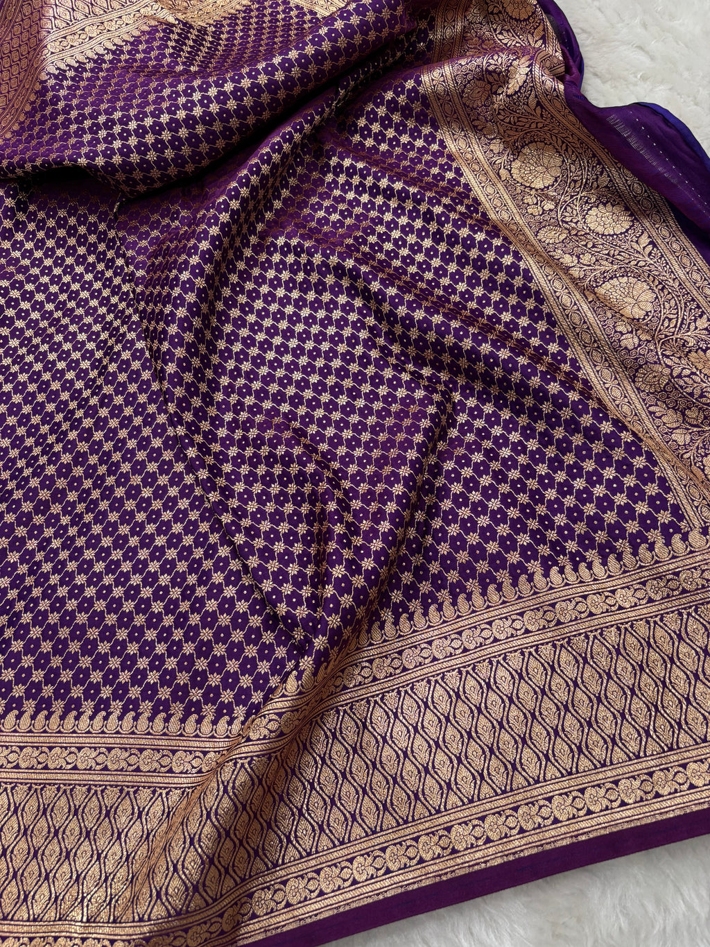Purple Satin Katan Silk Cross Saree