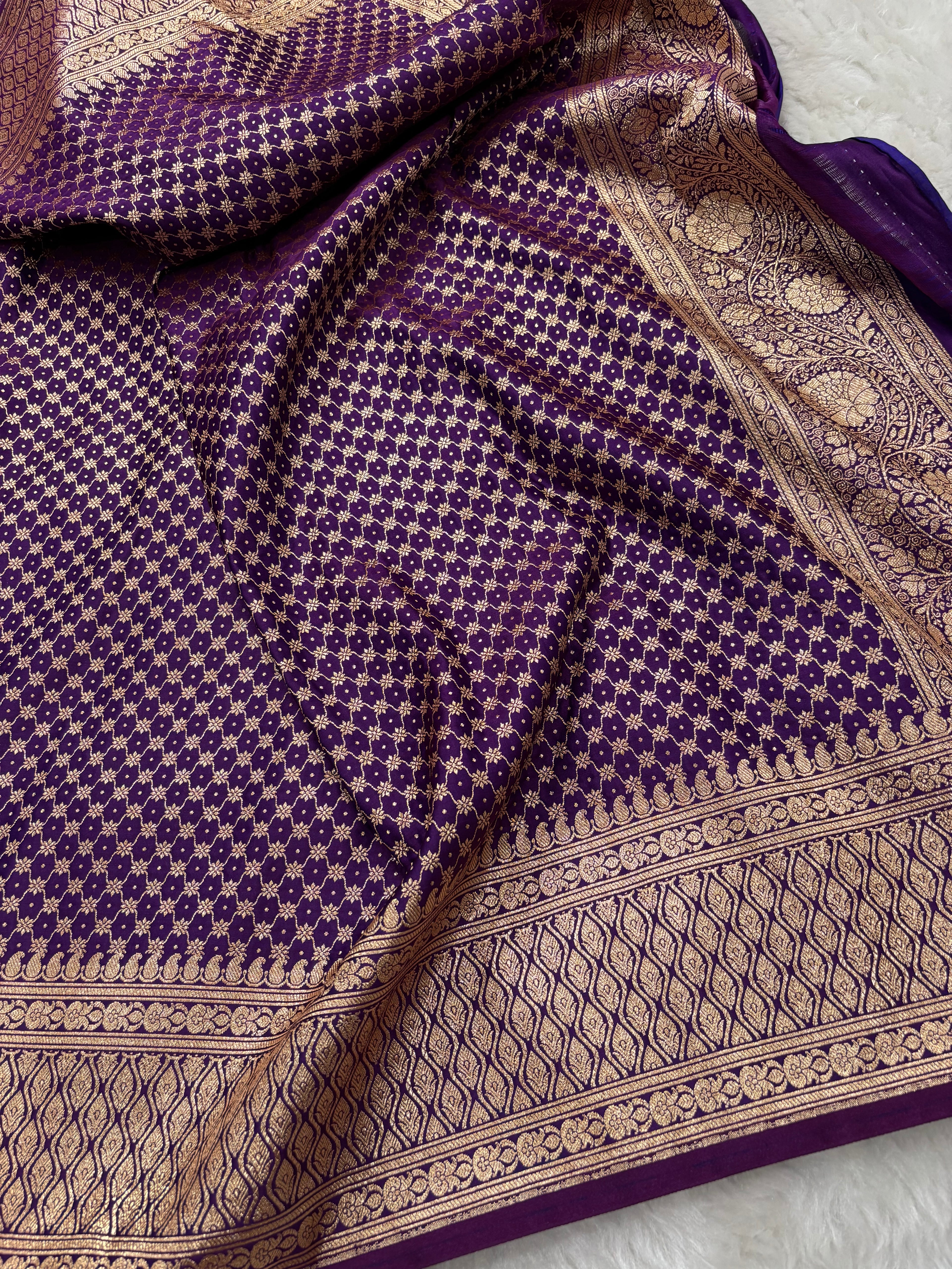Purple Satin Katan Silk Cross Saree