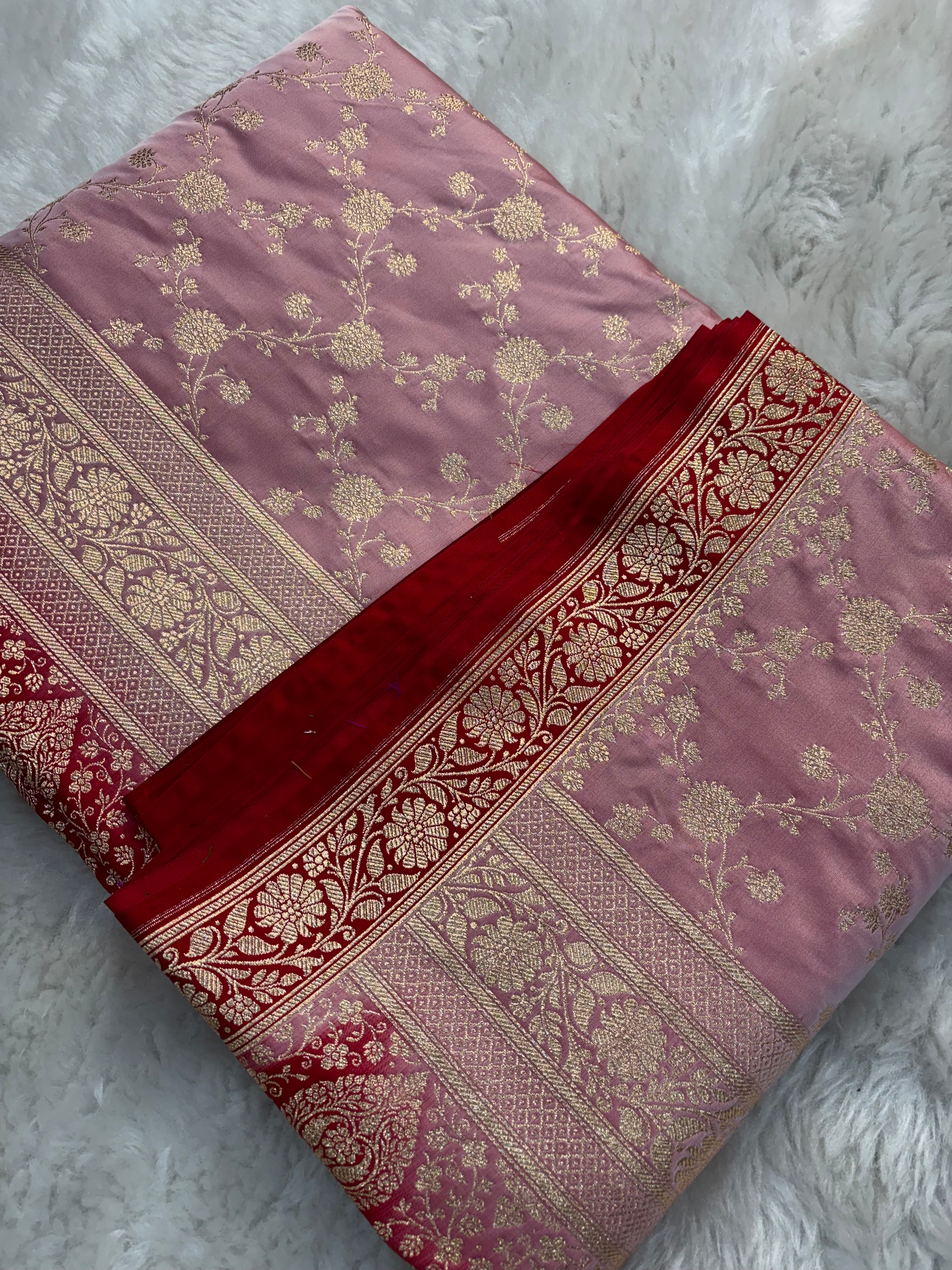 Strawberry Satin Katan Silk Jaal Saree  with Red Meena Jaal Blouse SK10