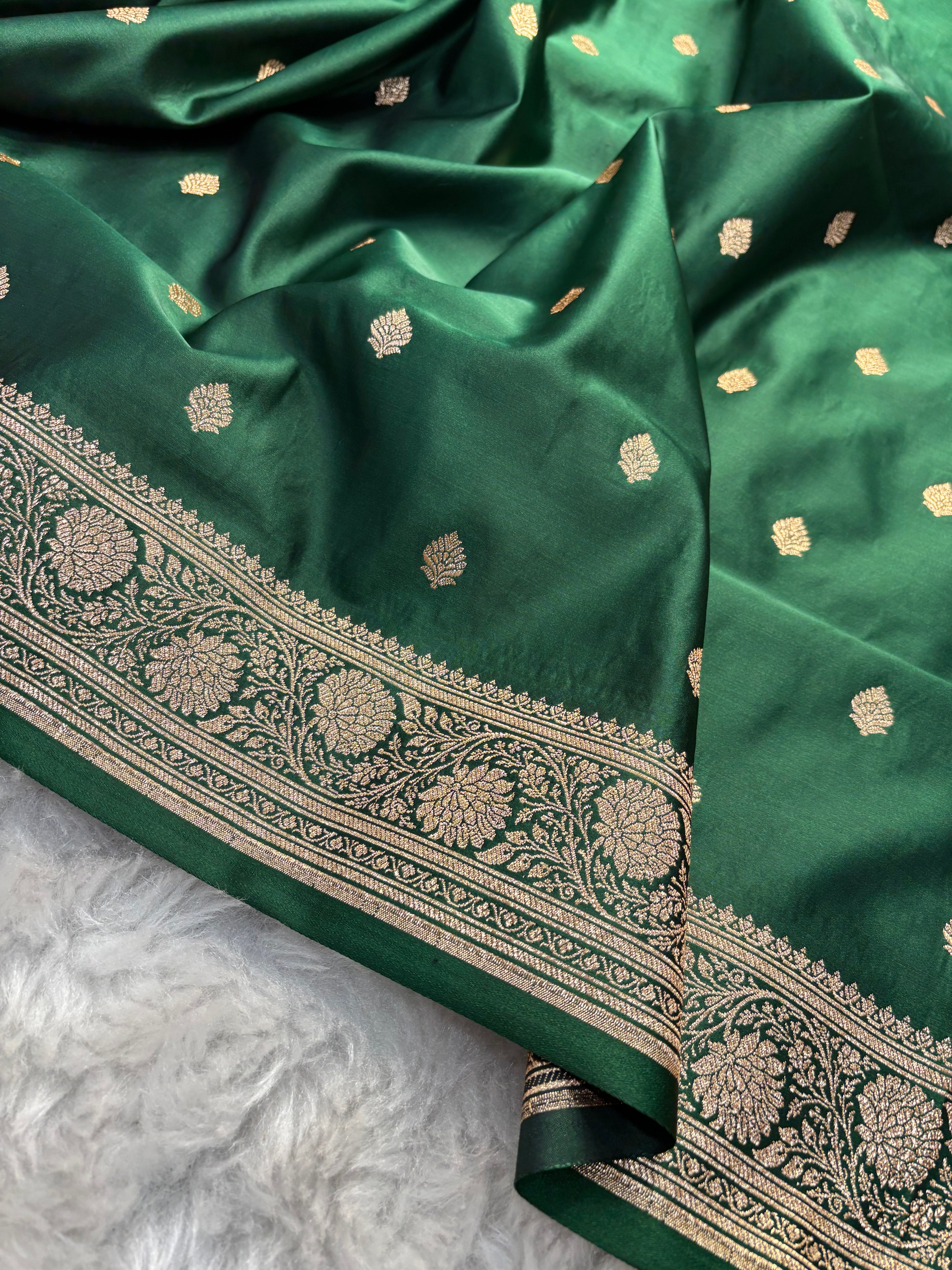 Bottle Green Satin Katan Silk Buti Saree SK14