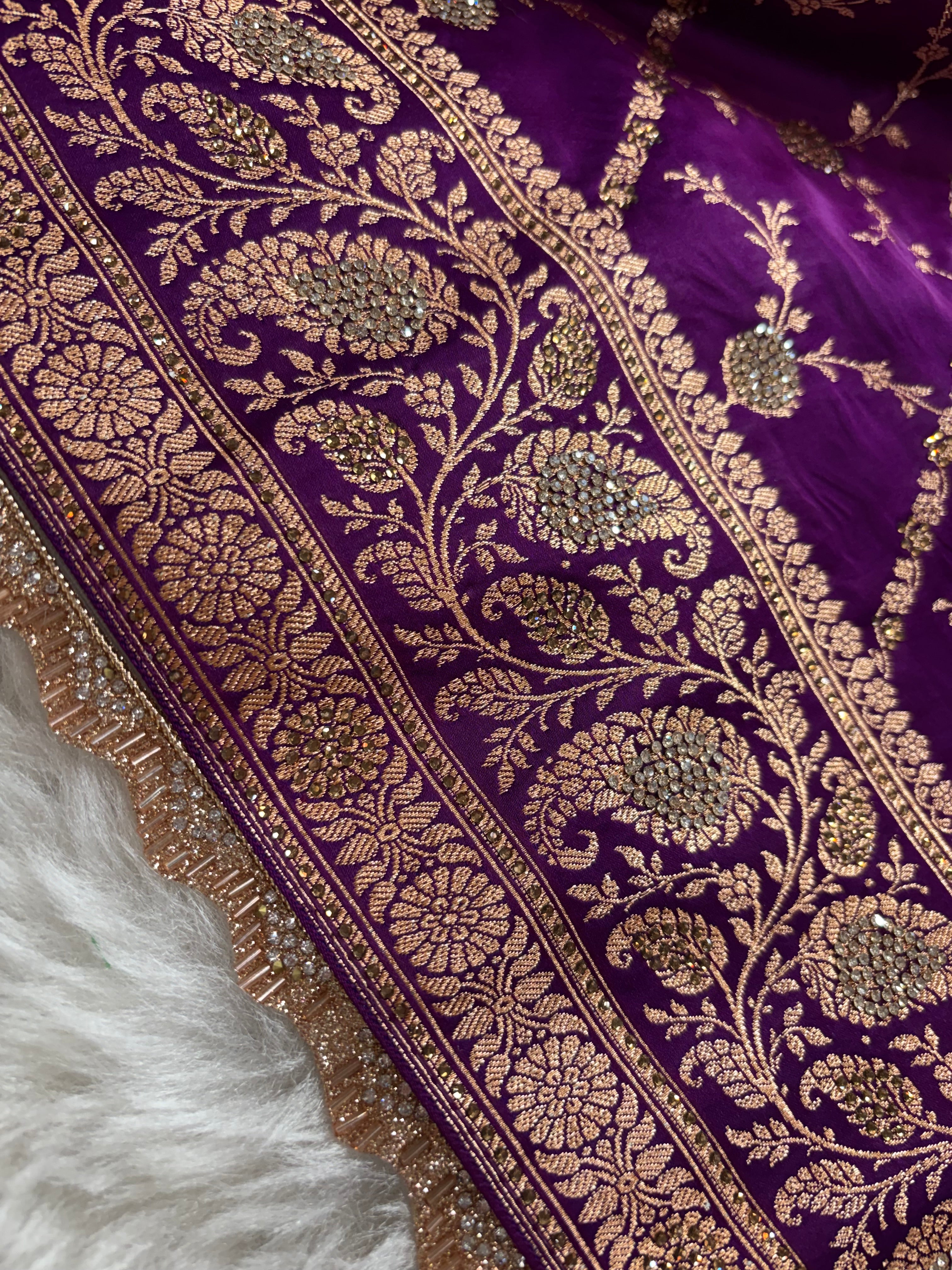 Purple Bridal Satin Katan Silk Saree with Swarovski Work & Lace BK01