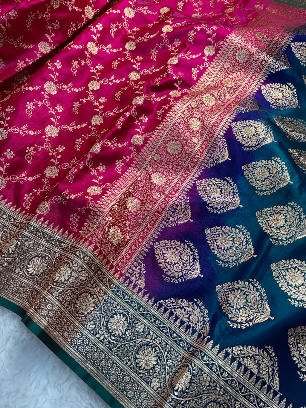 Rani Pink Contrast Satin Silk Jaal Saree SS03