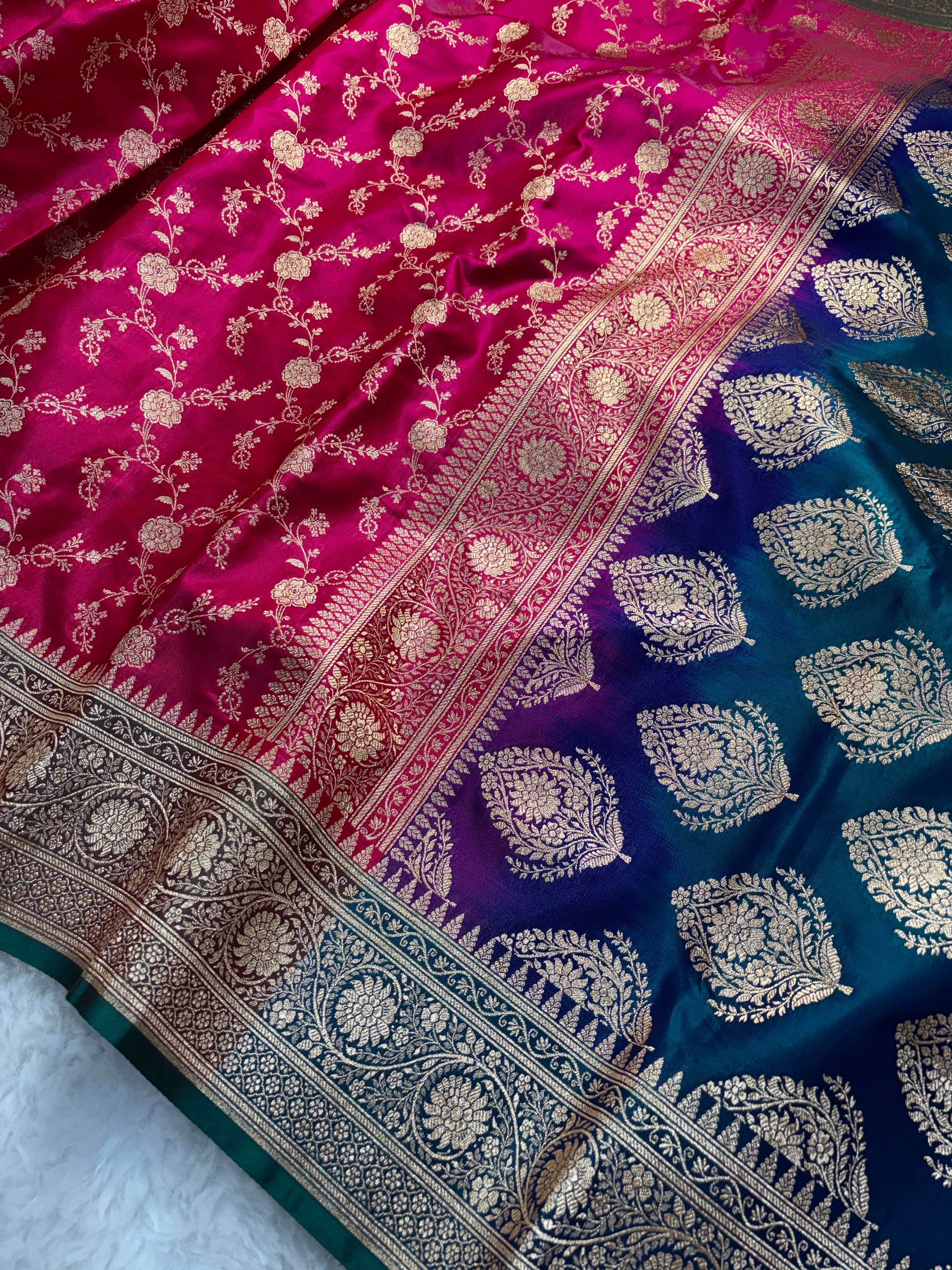 Rani Pink Contrast Satin Silk Jaal Saree SS03