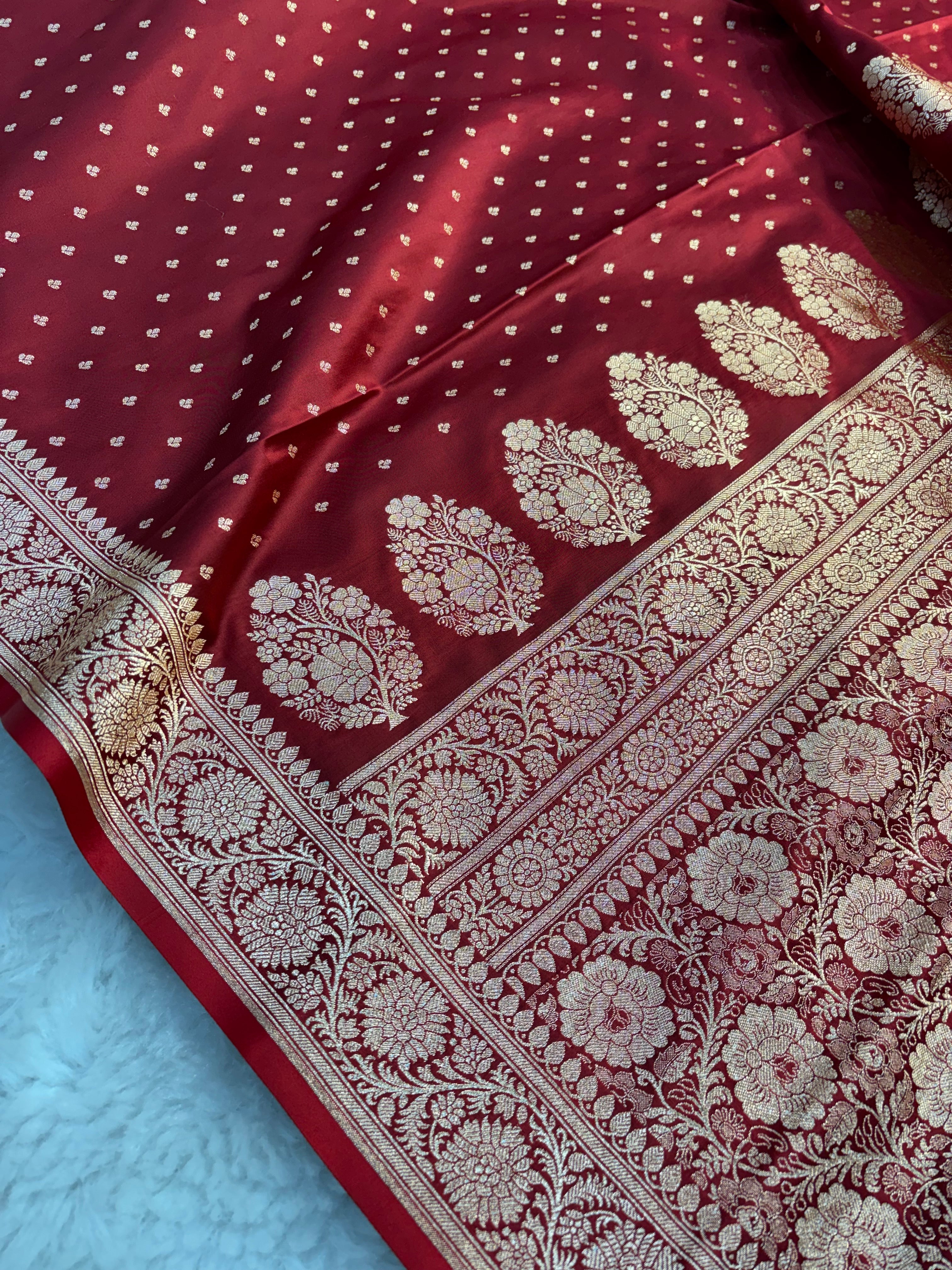 Maroon Satin Katan Silk Chunri Buti Saree SK15