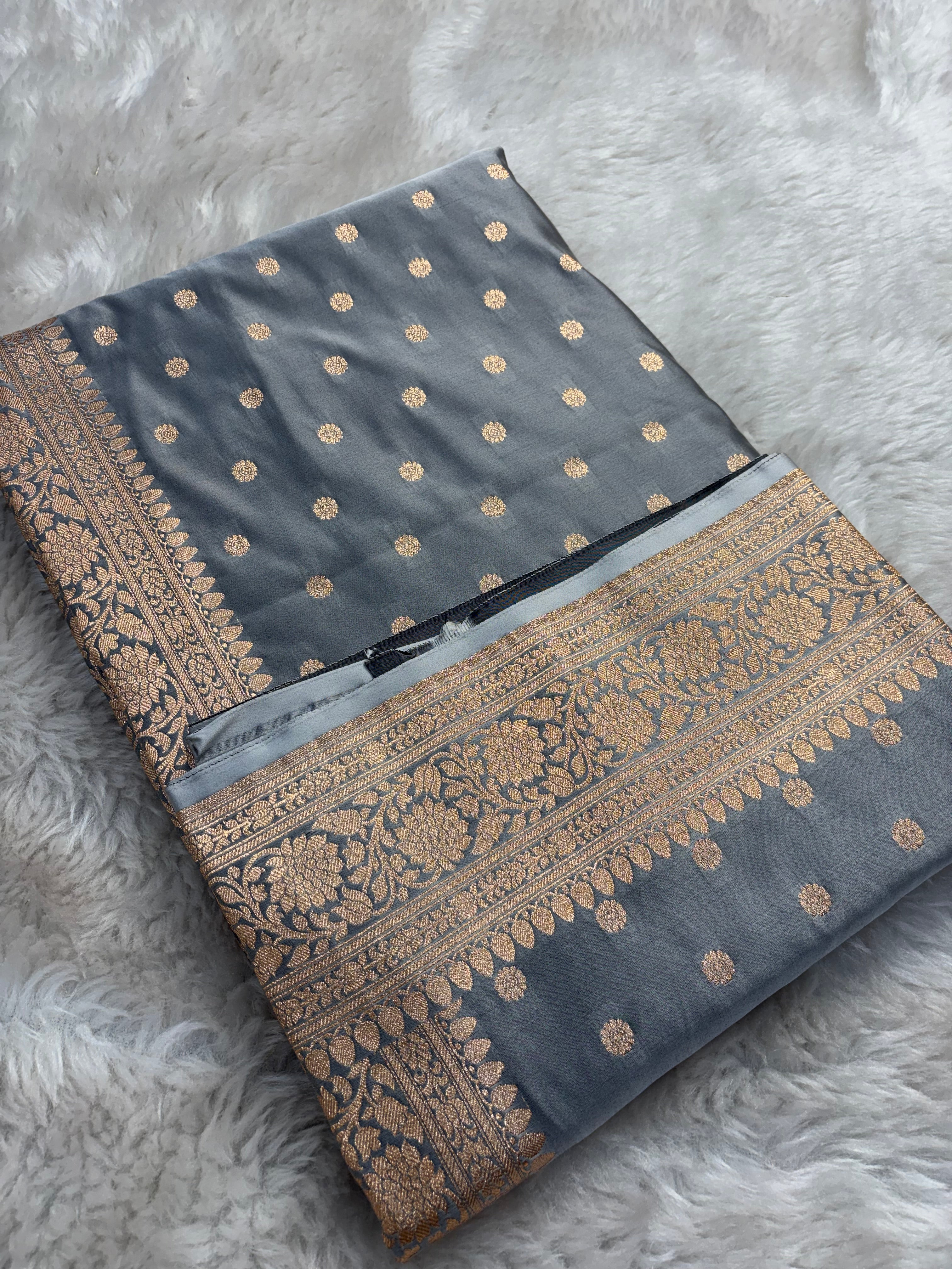 Steel Grey Satin Katan Silk Chunri Buti Saree SK18