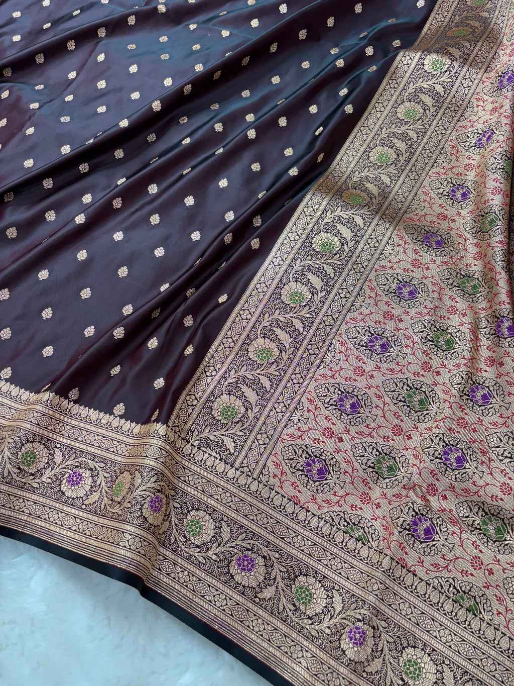 Chocolate Satin Katan Silk Meena Border Saree