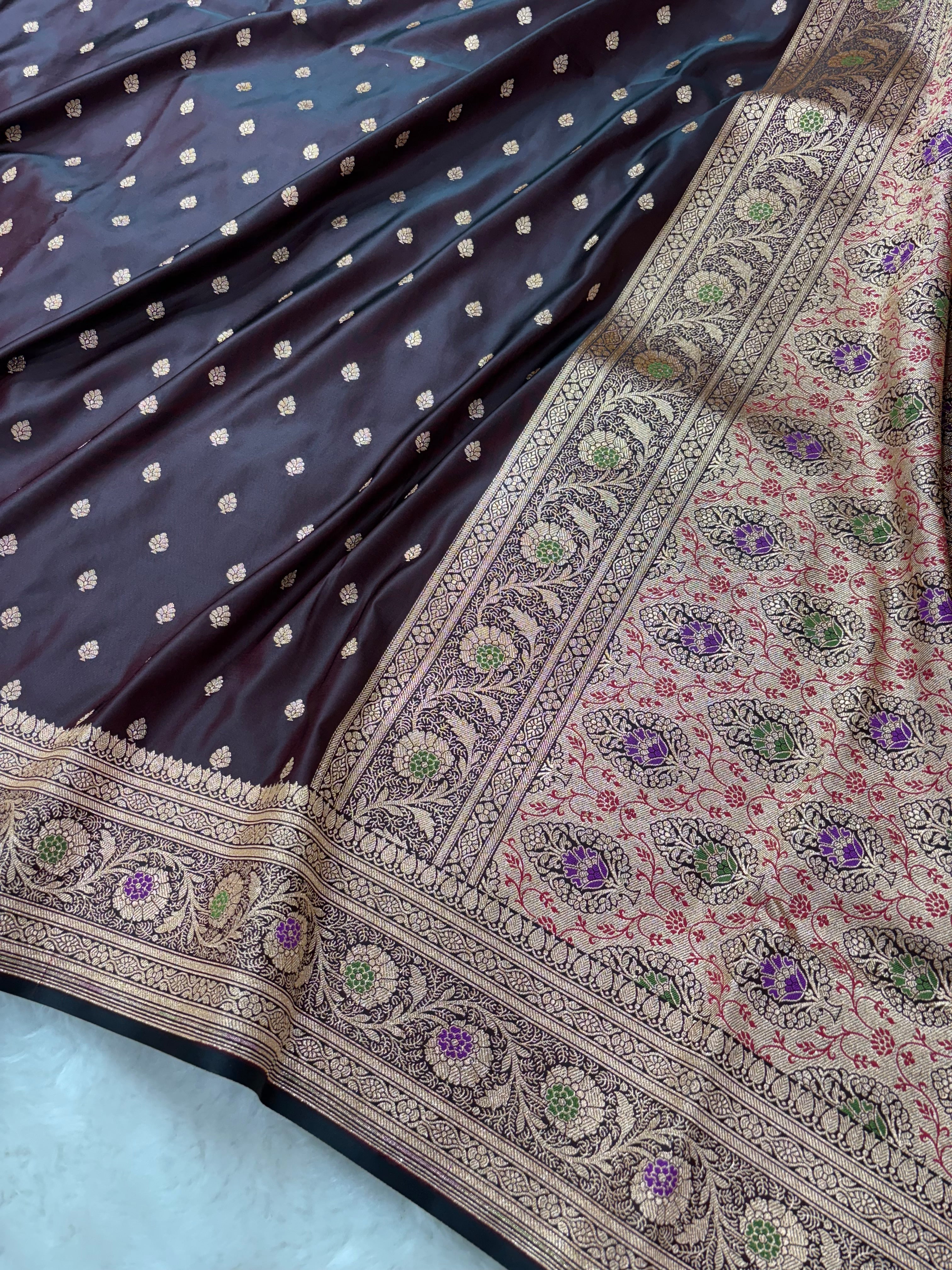 Chocolate Satin Katan Silk Meena Border Saree