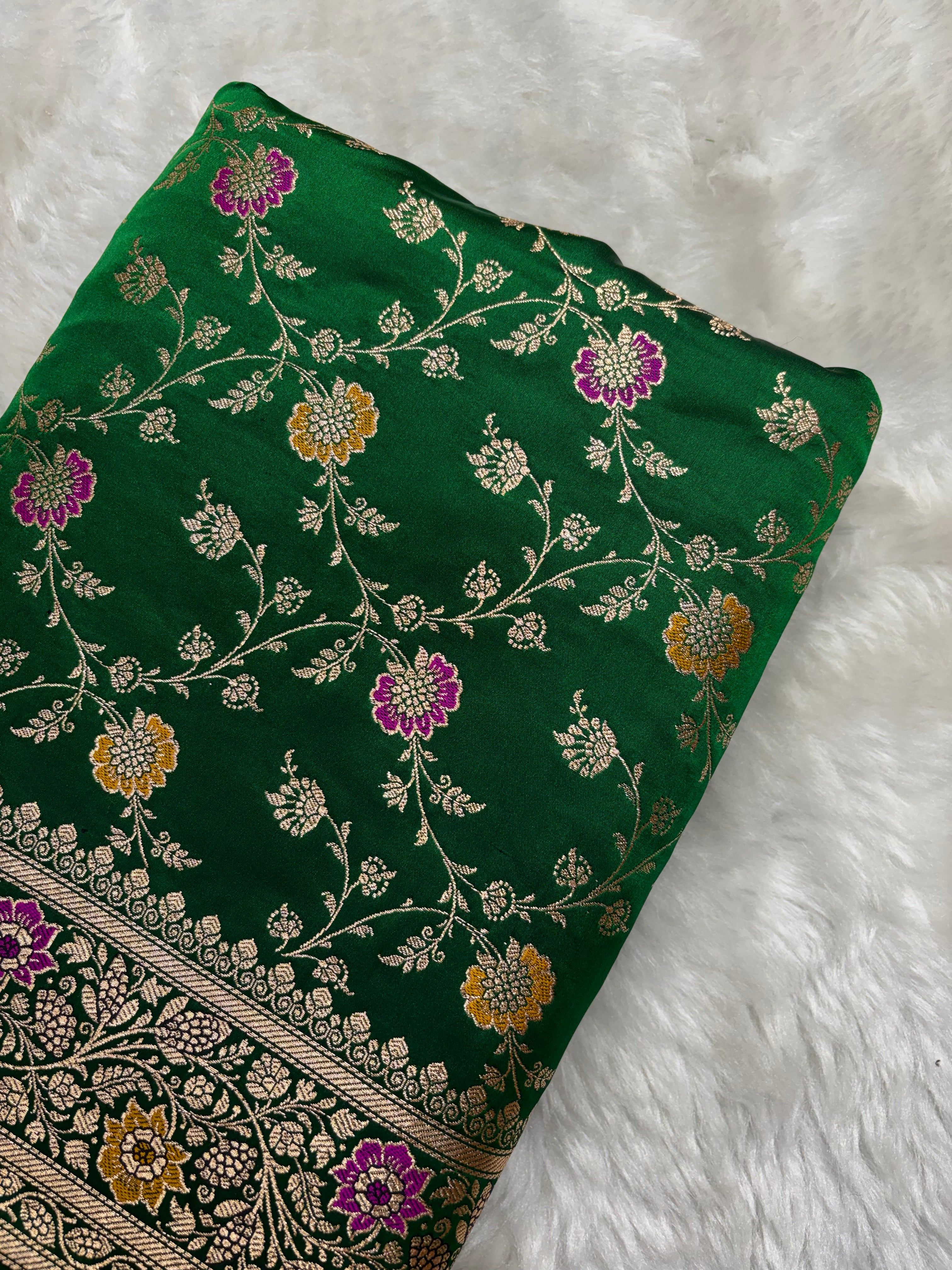 Bottle Green Satin Katan Silk Meena Jaal  Saree SK05