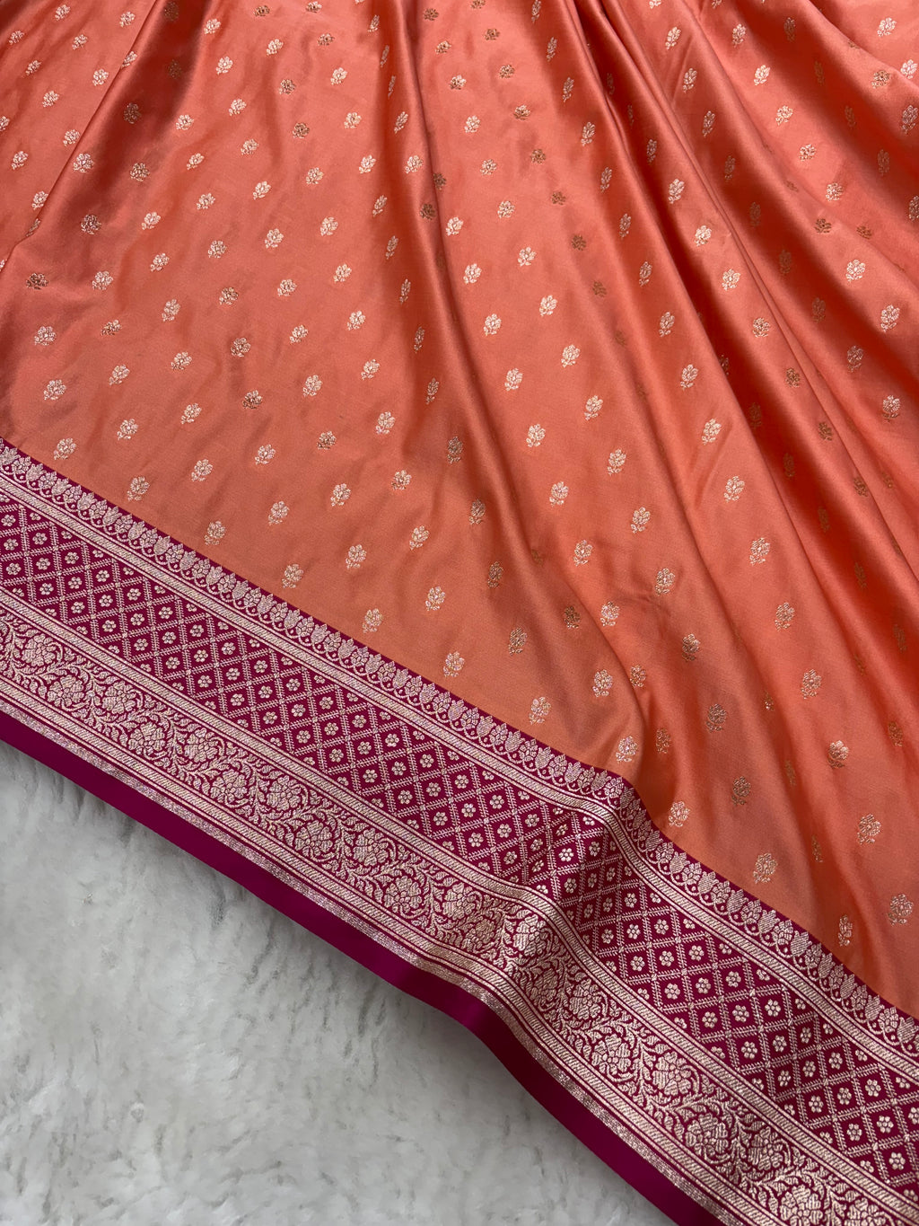Peach Satin Katan Silk Koniya Saree