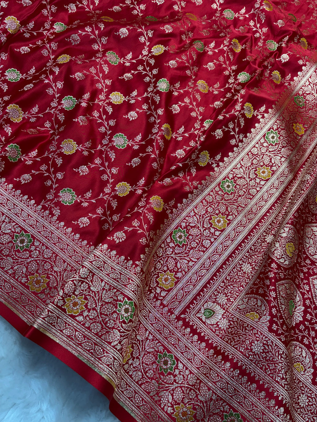 Red Satin Katan Silk Meena Jaal Saree SK05