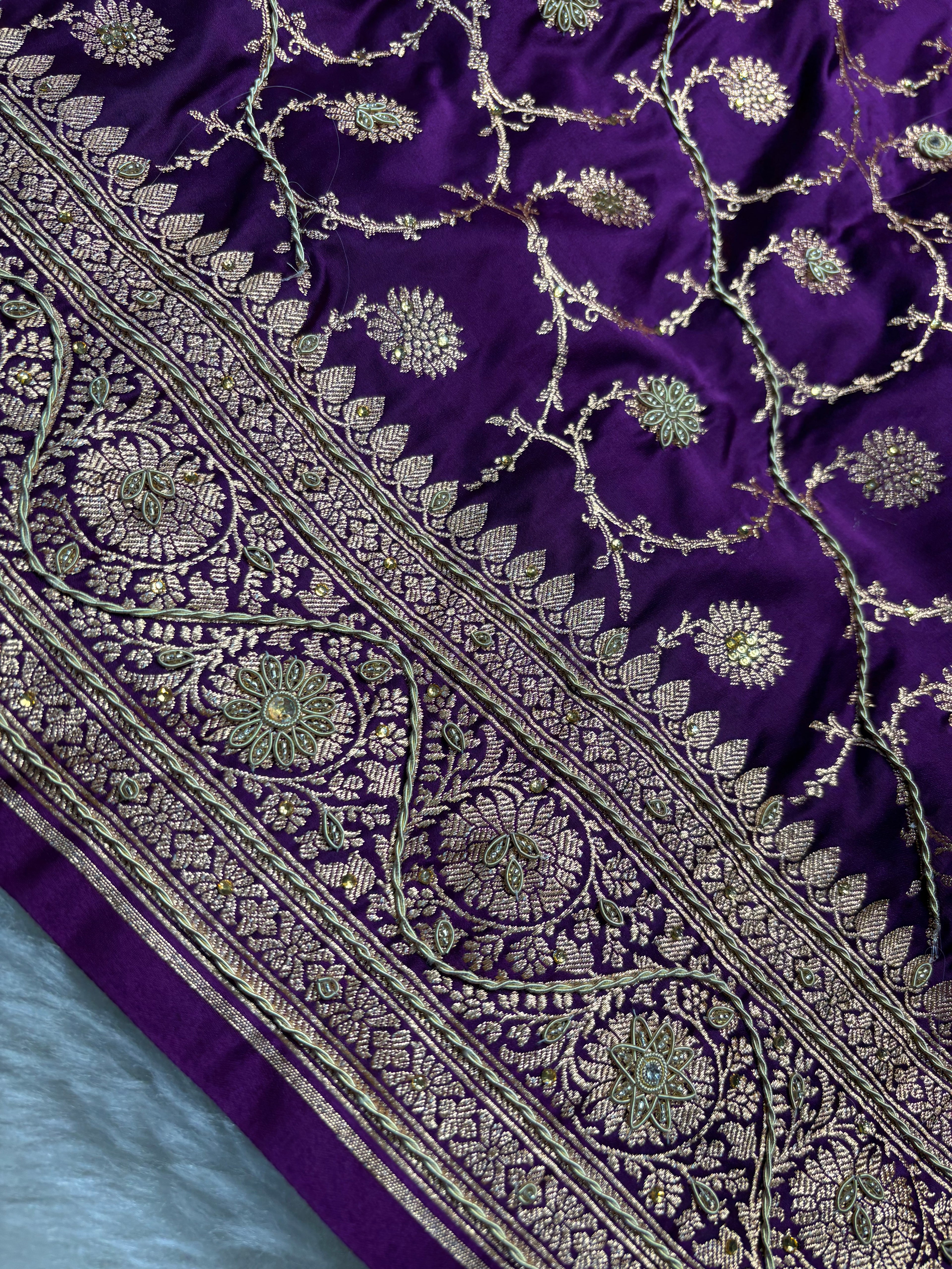 Purple Bridal Satin Katan Silk Saree with Zardozi and Blouse Work BK02