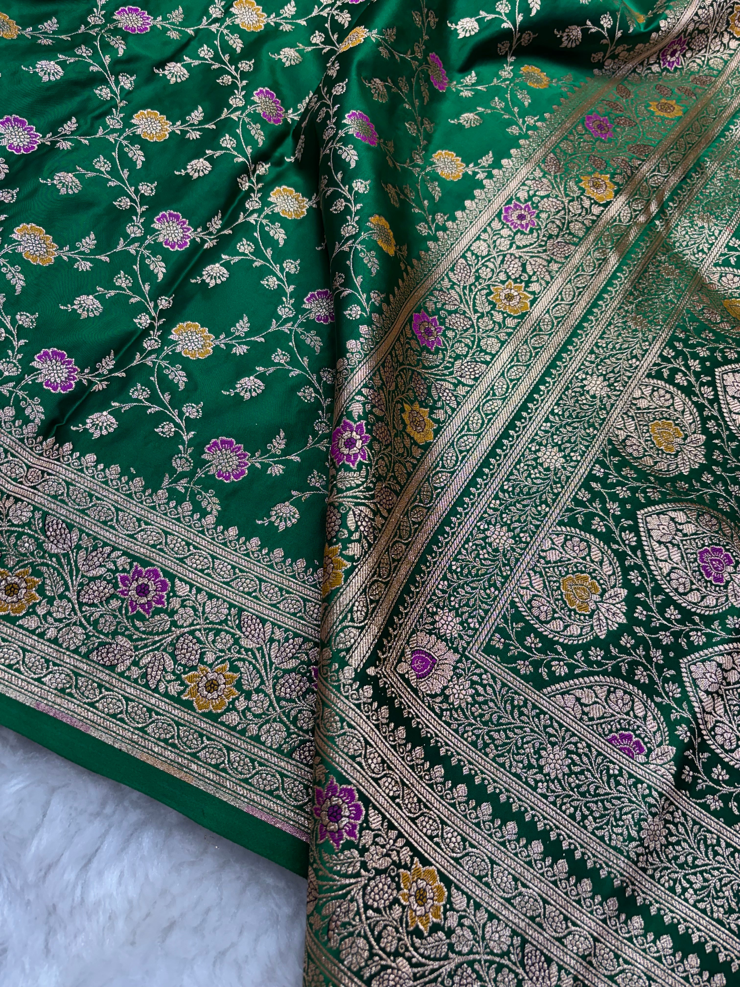 Bottle Green Satin Katan Silk Meena Jaal  Saree SK05