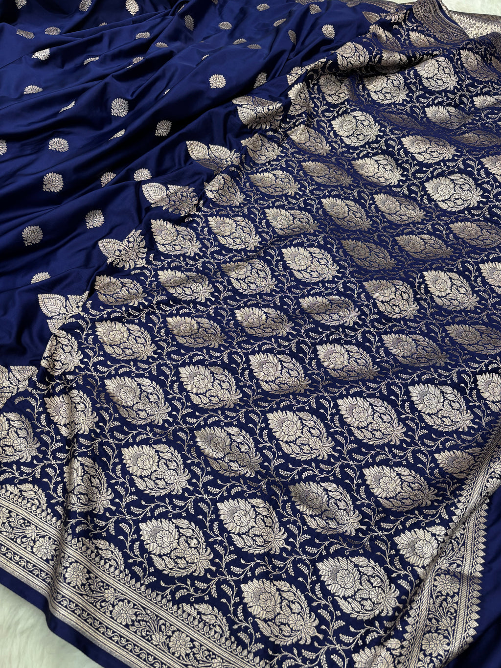 Navy Blue Mashru Silk Banarasi Saree with all over Motifs