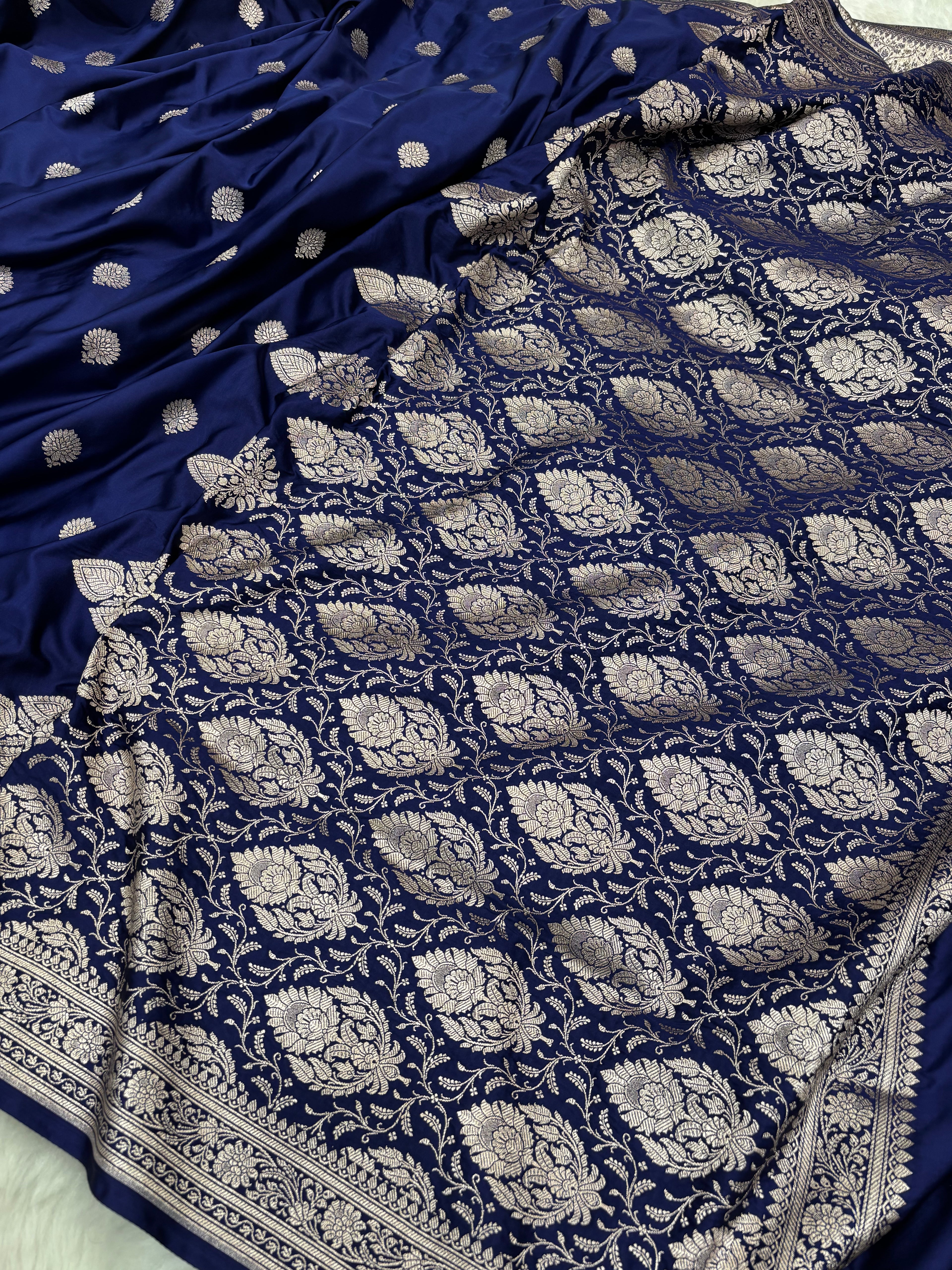 Navy Blue Mashru Silk Banarasi Saree with all over Motifs