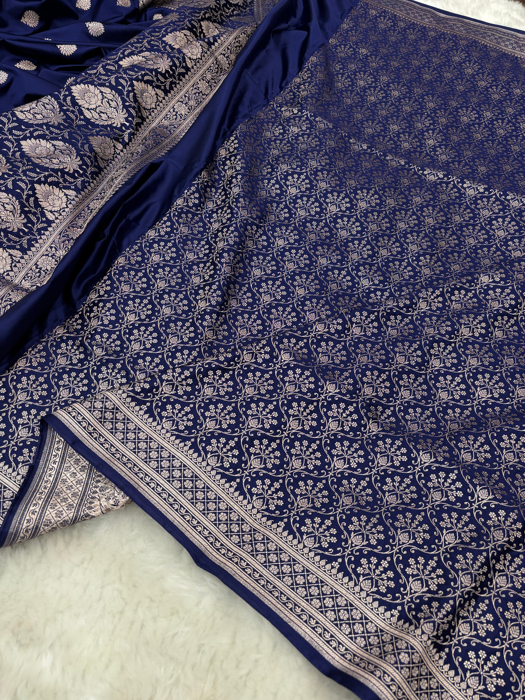 Navy Blue Mashru Silk Banarasi Saree with all over Motifs