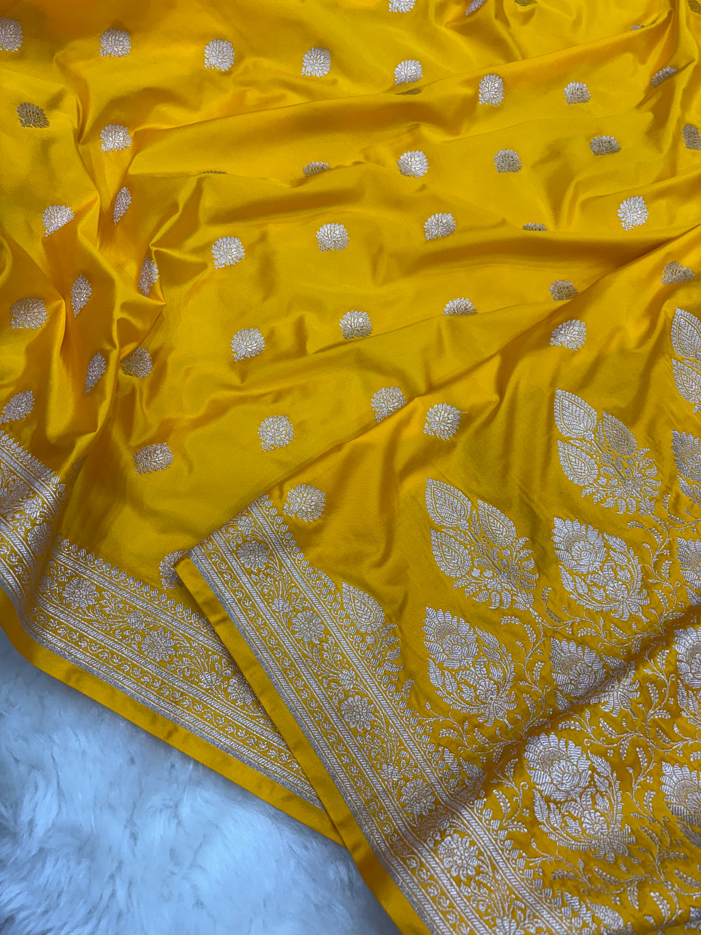 Mustard Yellow Mashru Silk Banarasi Saree with all over Motifs