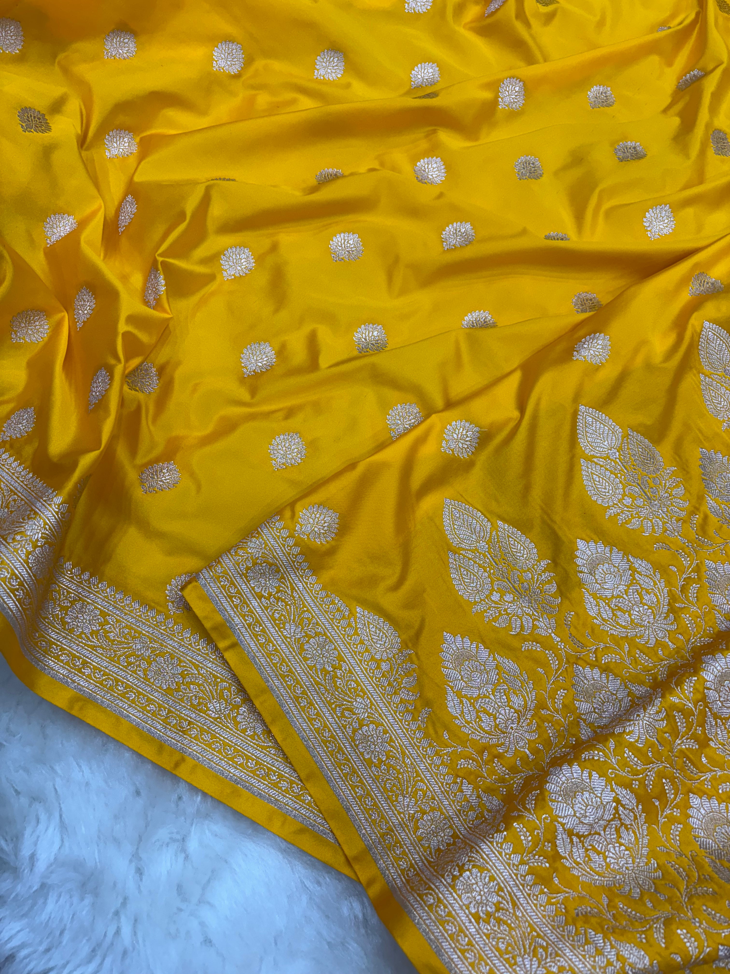 Mustard Yellow Mashru Silk Banarasi Saree with all over Motifs